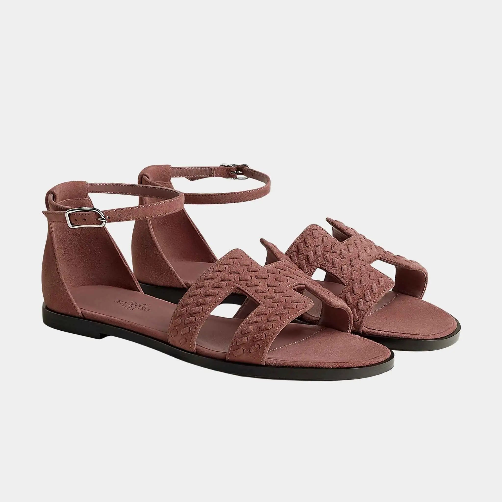 Hermes Santorini Sandal Braided Suede Goatskin, Rose Antique, Front