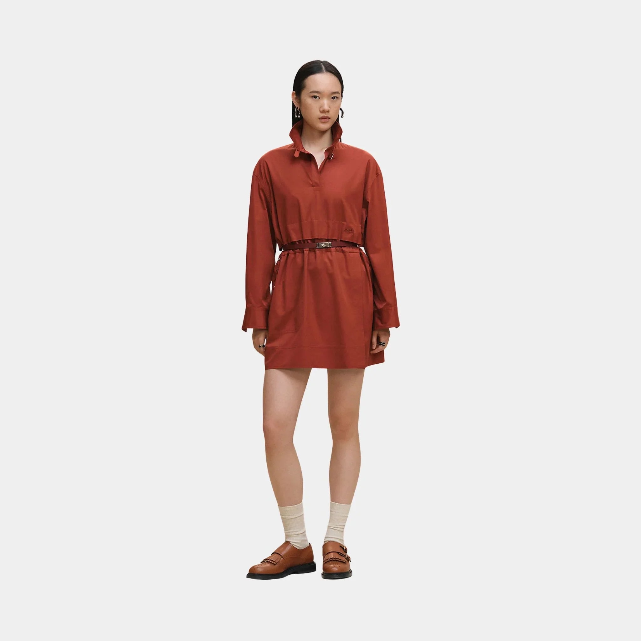 Hermes Short Polo Dress in Cotton Twill, Rouge Sepia, Front