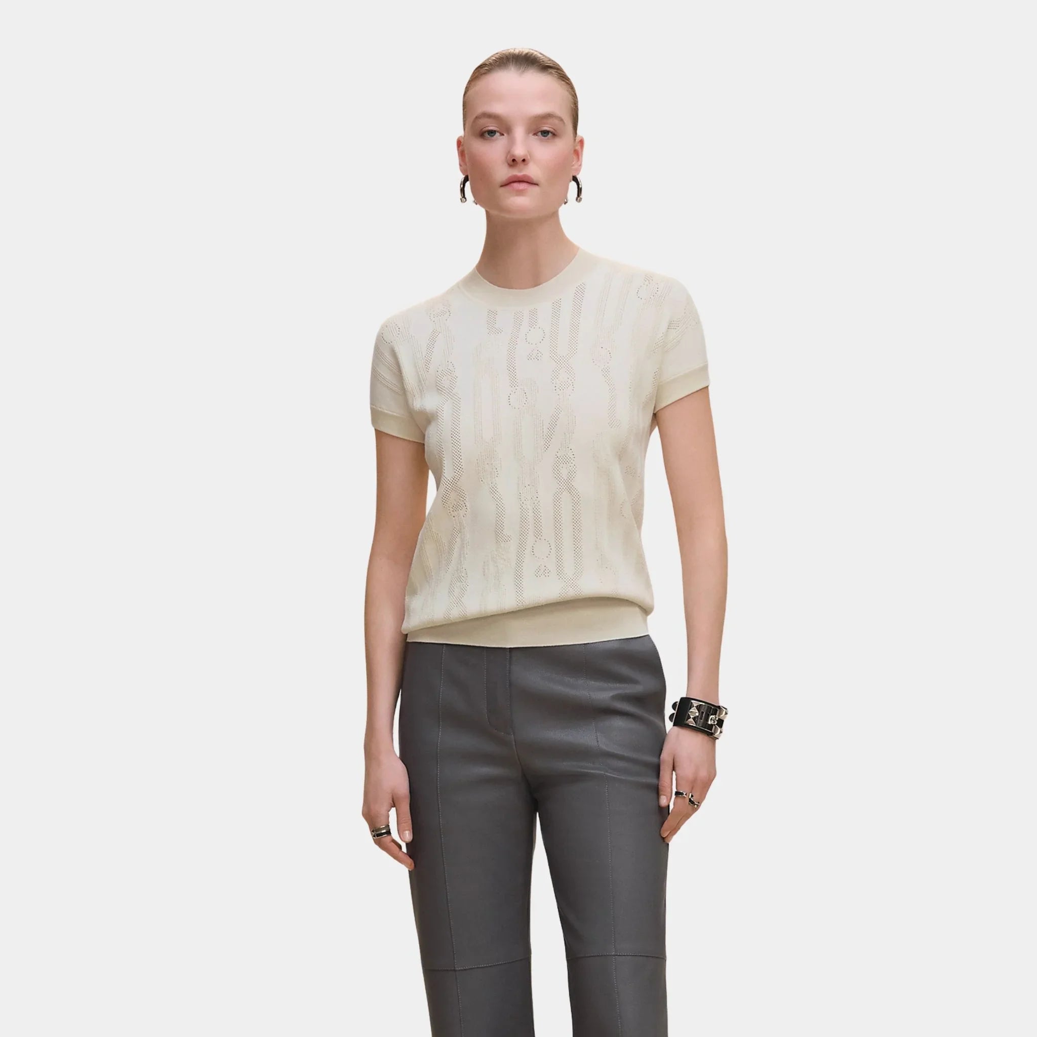 Hermes Short-sleeved Sweater with Palefroi Remix Motif, Blanc Naturel, Front