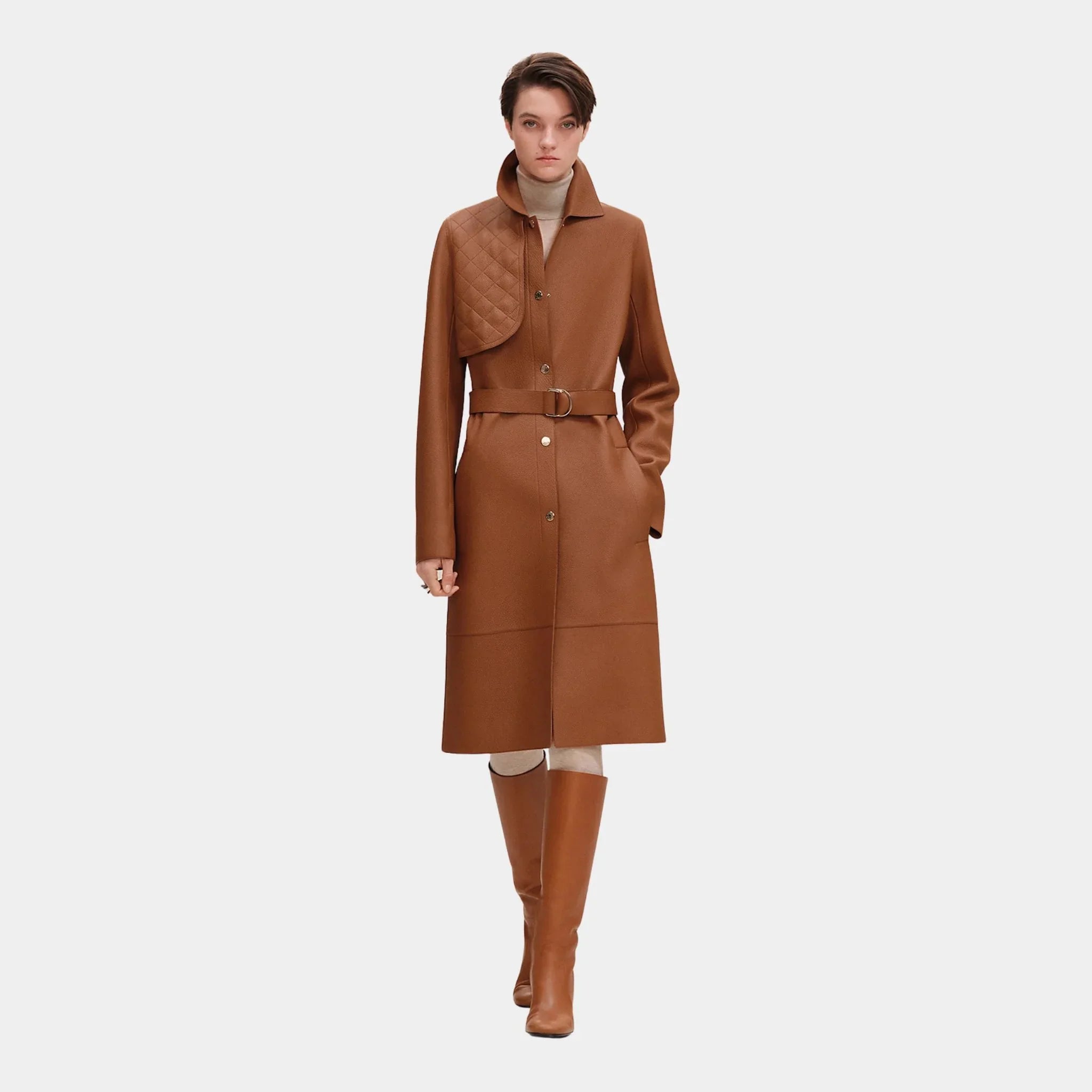 Hermes Trench Coat in Washed Deer, Marron Fauve, Front