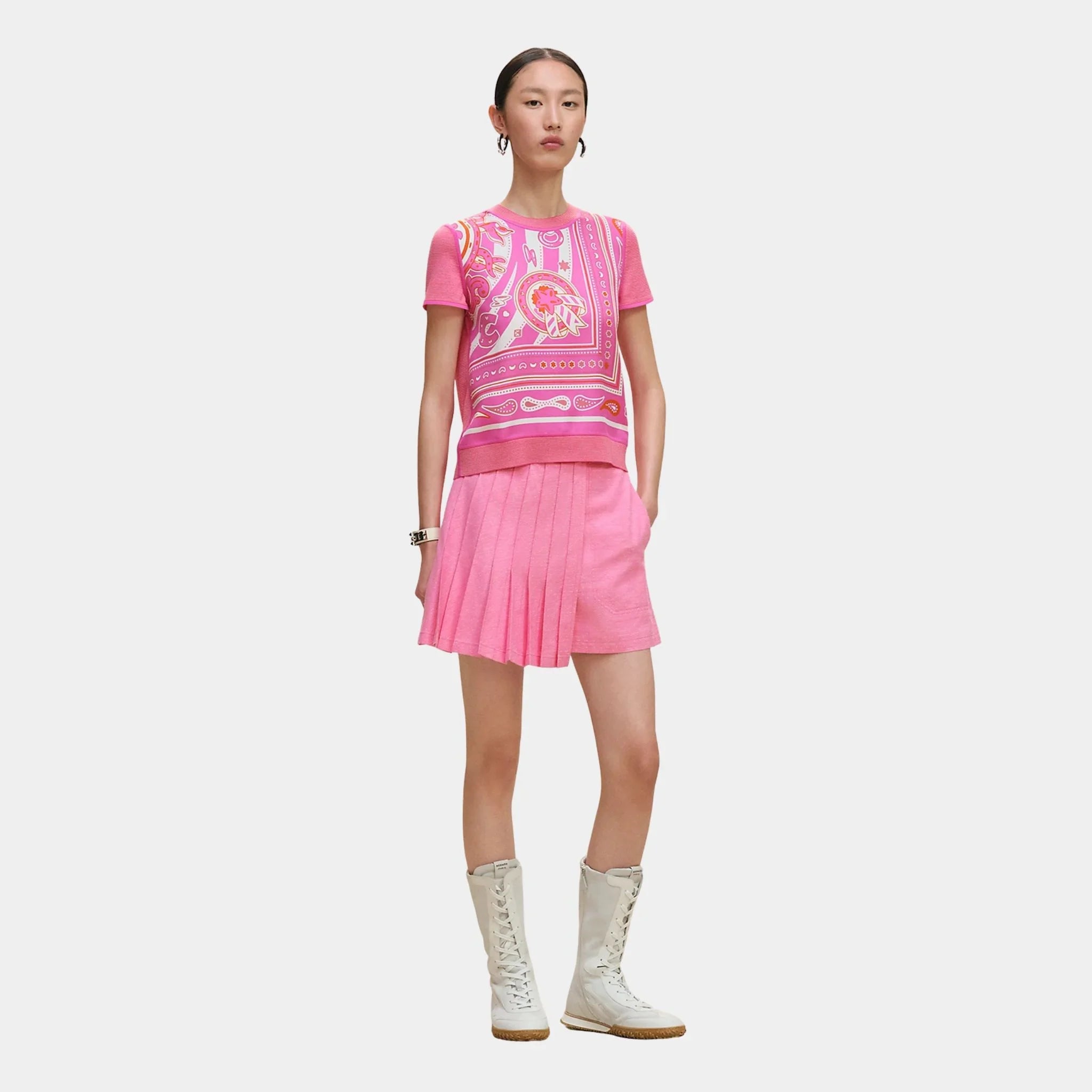 Hermes Twillaine Short-sleeved Sweater with Candy Libris Print, Rose Sakura, Front