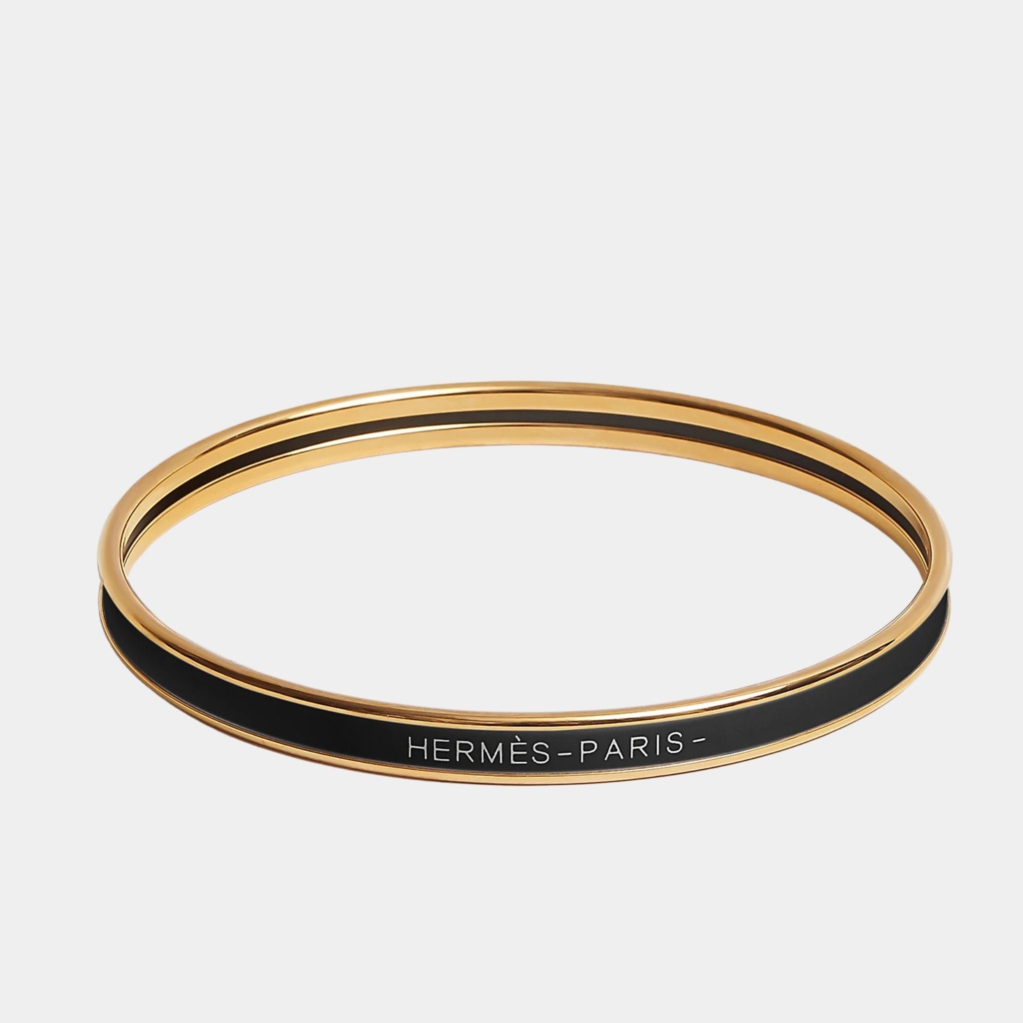 Hermes Uni Bangle in Enamel Gold Plated, Noir