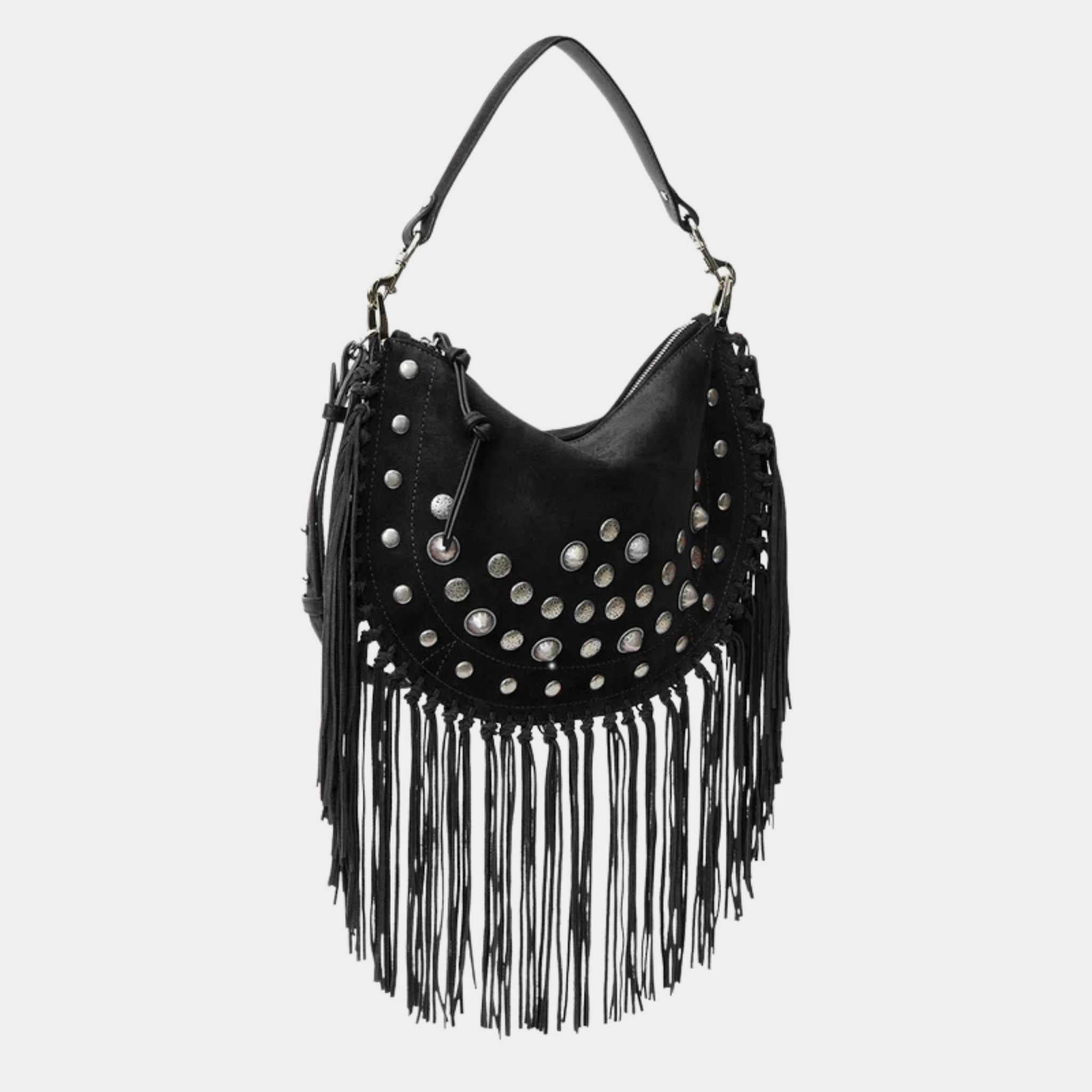 Oskan Soft Zipped Studded and Fringed Leather Bag