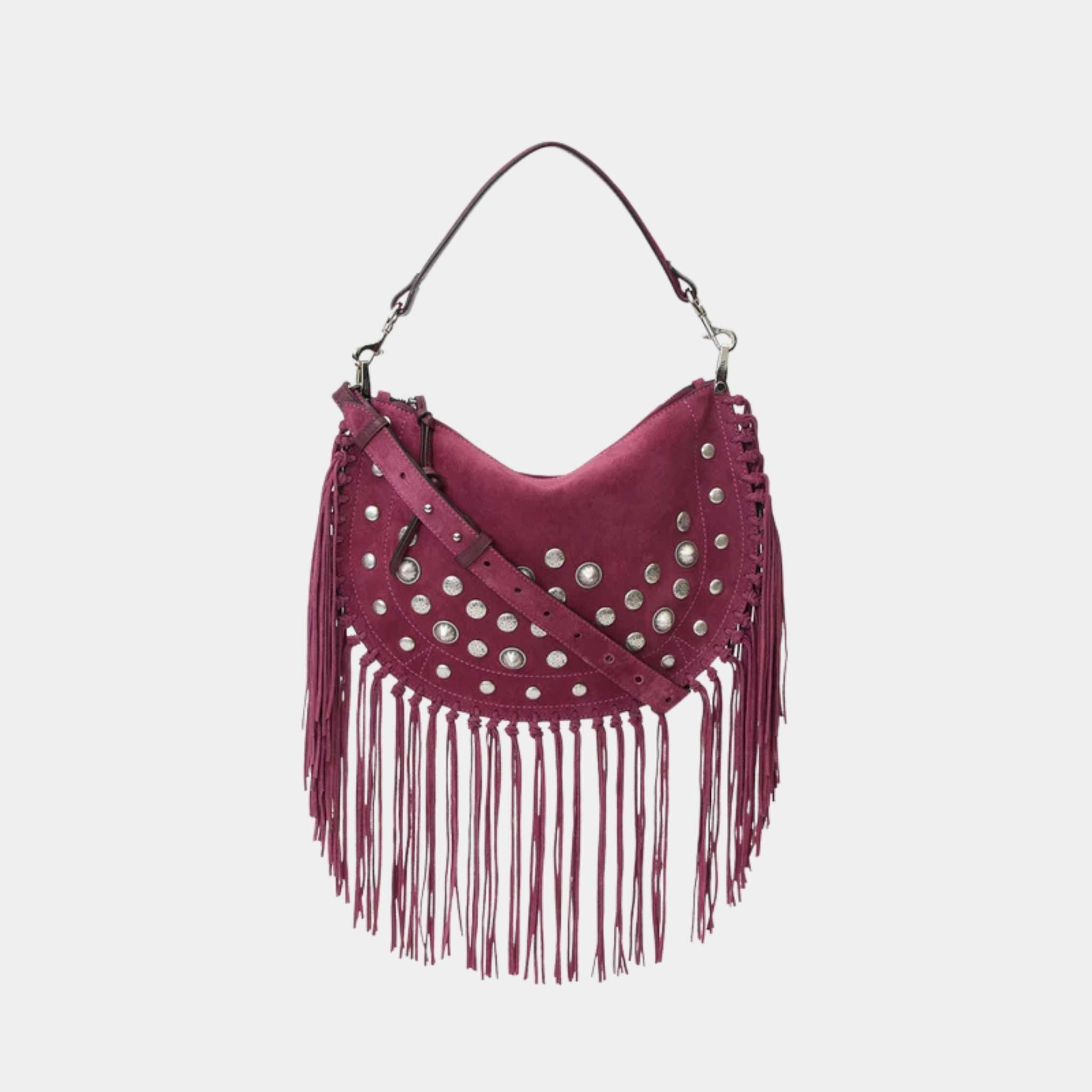 Isabel Marant Oskan Soft Zipped Studded and Fringed Leather Bag, Burgundy, Front