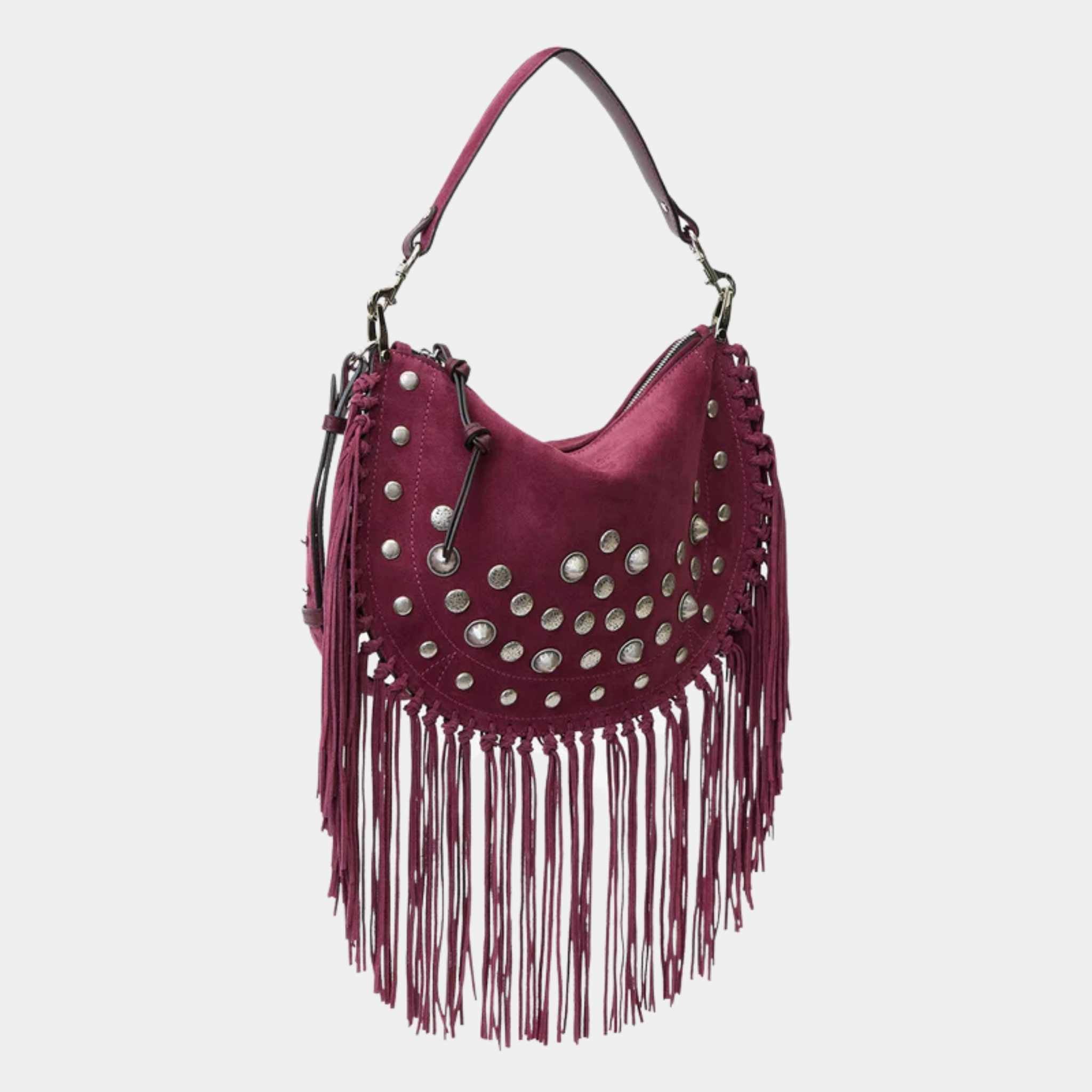 Oskan Soft Zipped Studded and Fringed Leather Bag