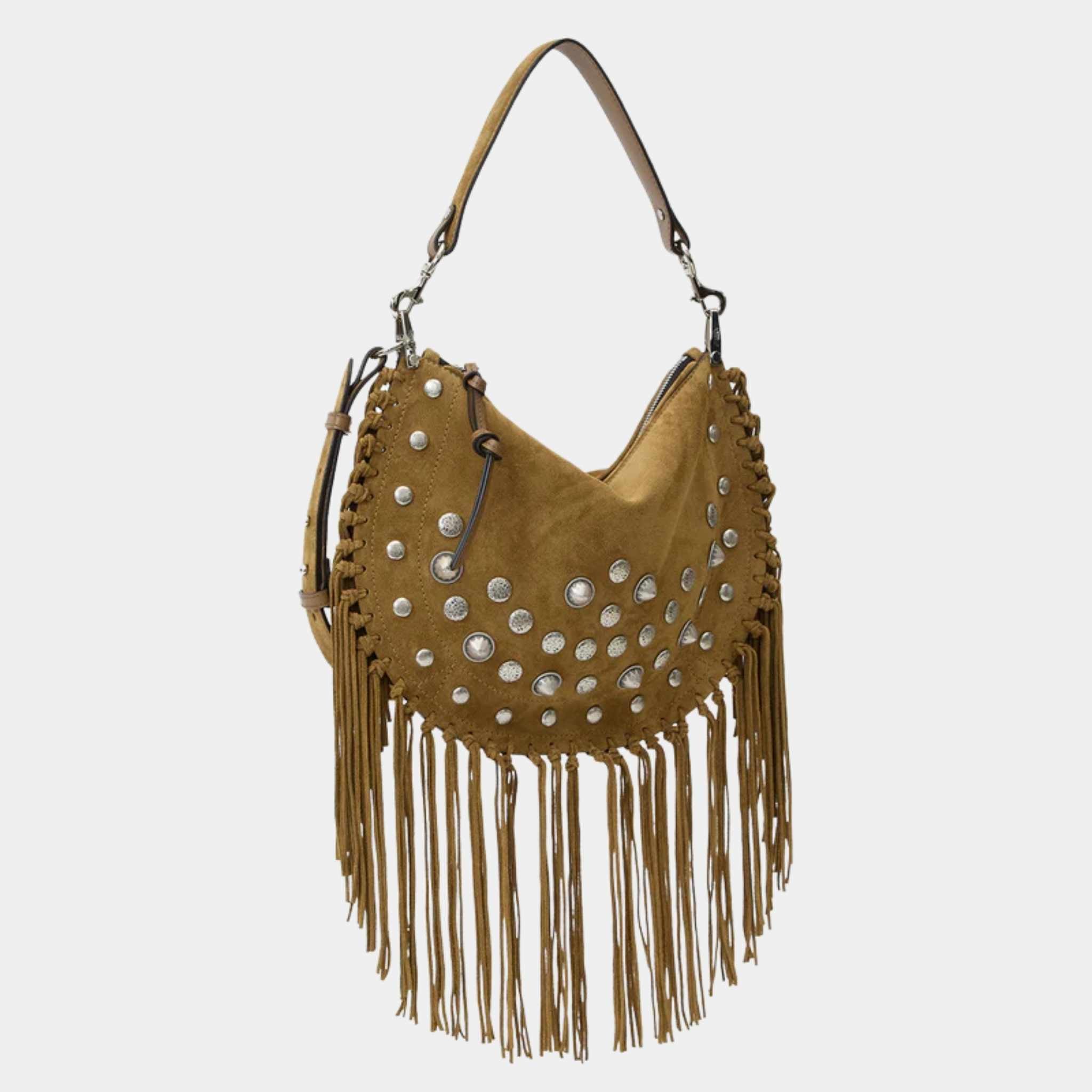 Oskan Soft Zipped Studded and Fringed Leather Bag