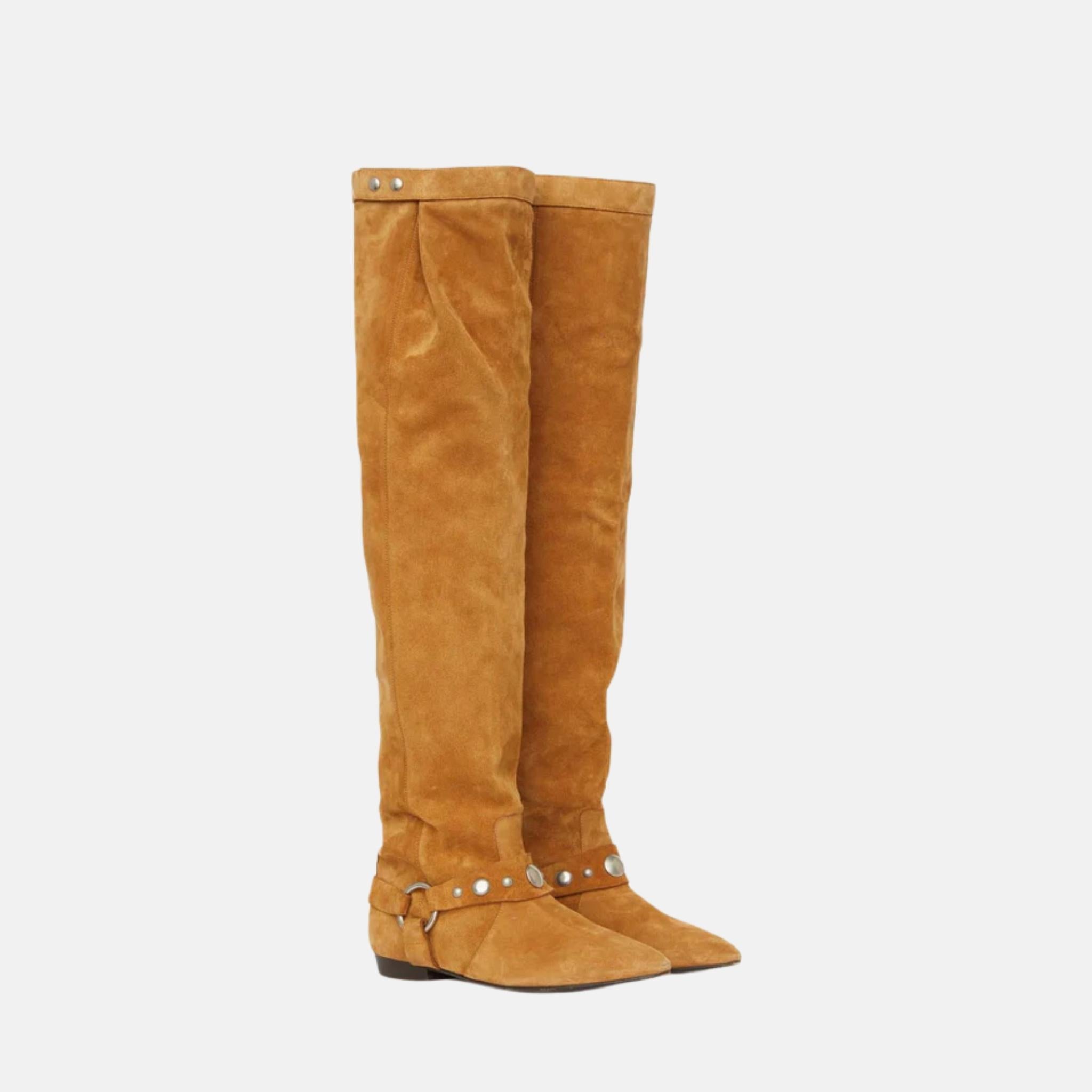 Selize Flat Heeled Thigh Boots In Suede Calfskin