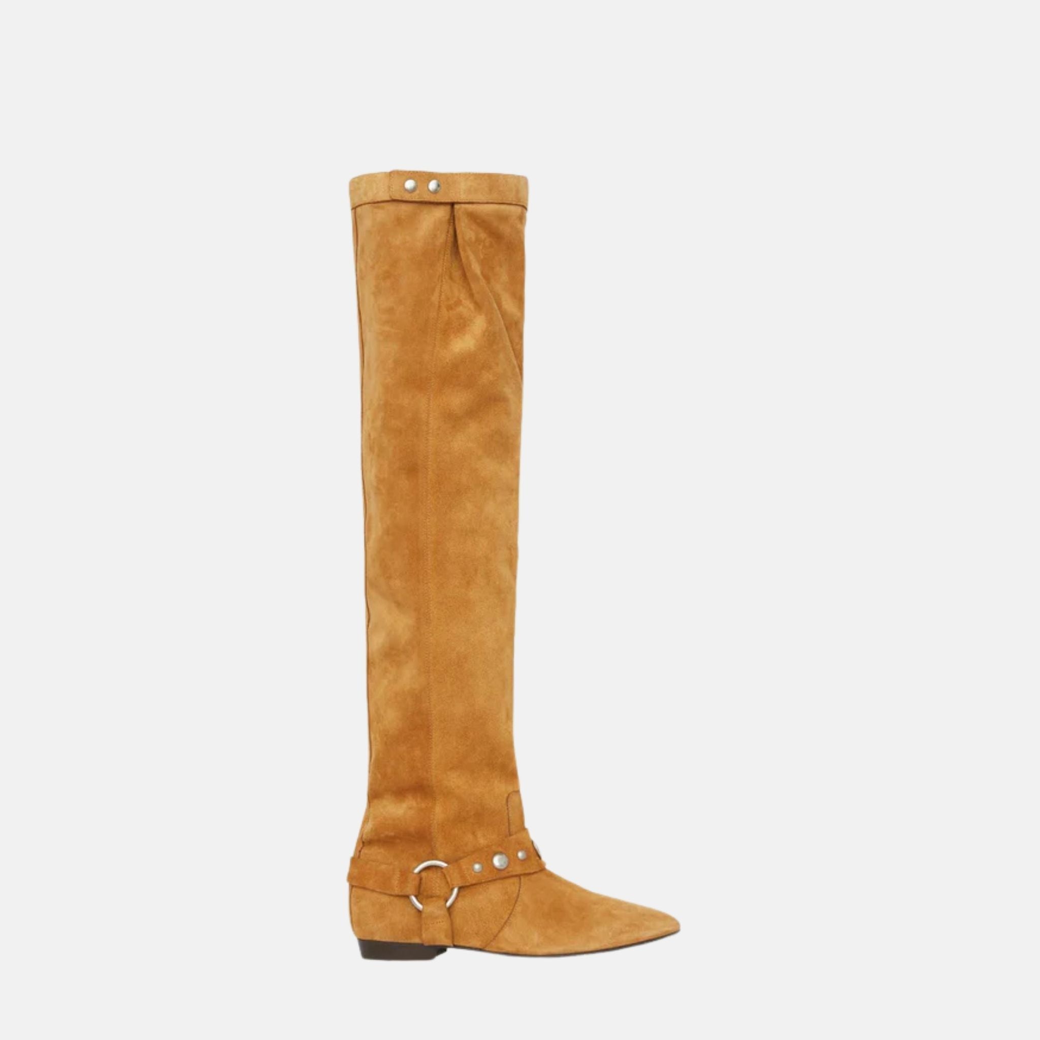 Isabel Marant Selize Flat Heeled Thigh Boots In Suede Calfskin Leather, Cognac, Side