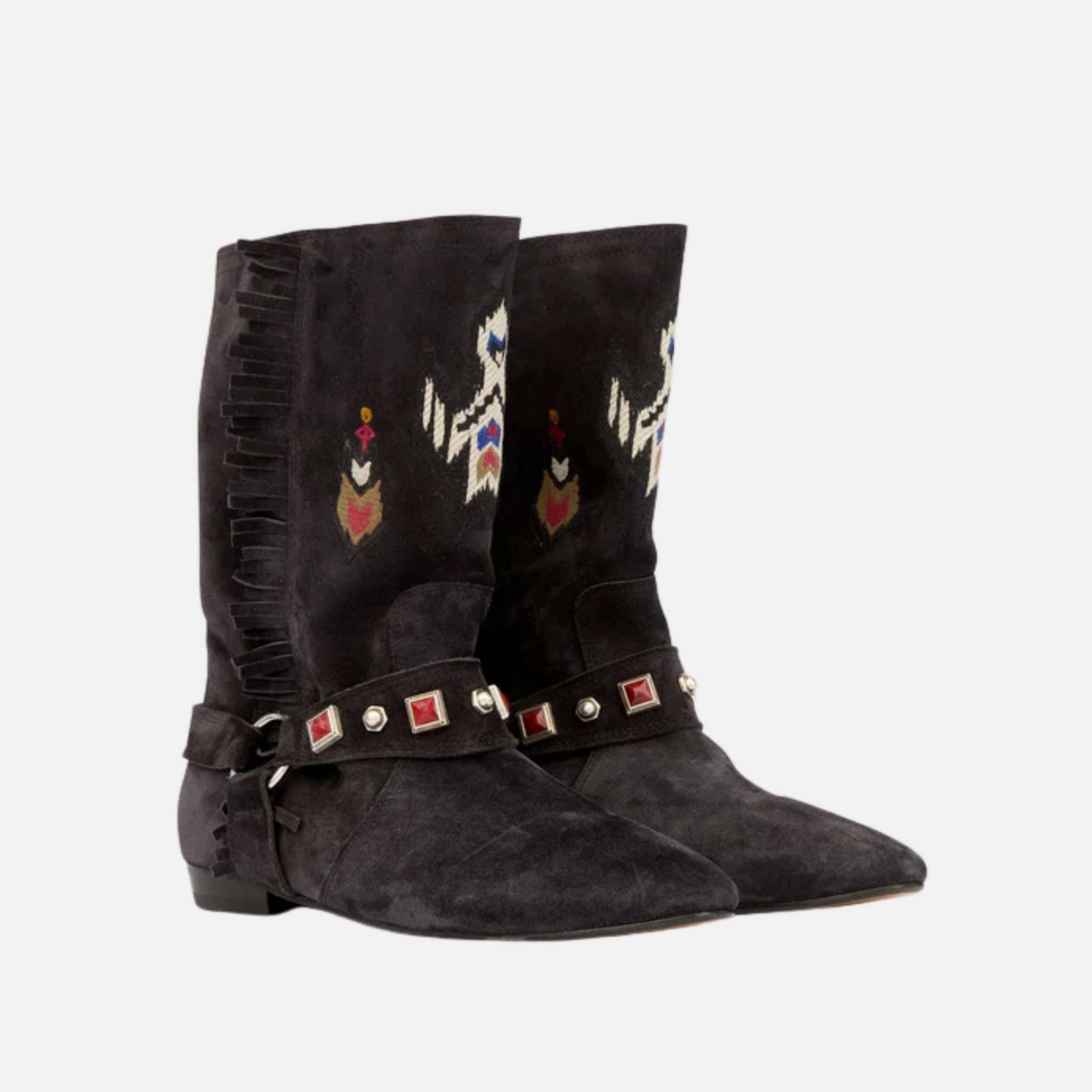 Siani Flat Boots In Embroidered Suede Calfskin