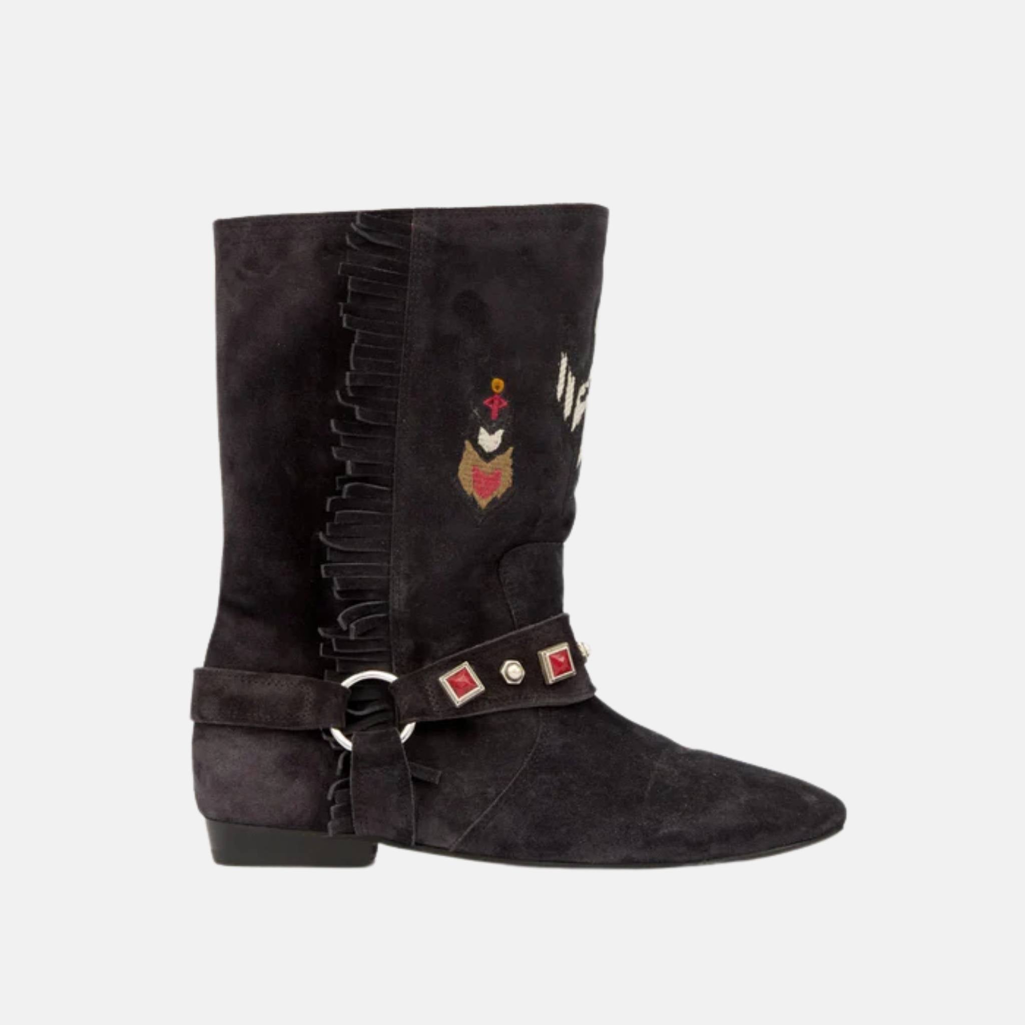 Isabel Marant Siani Flat Boots In Embroidered Suede Calfskin, Black, Side