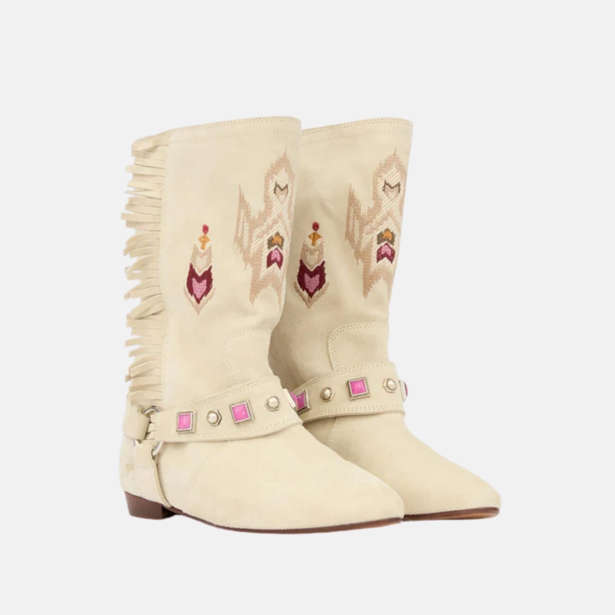 Siani Flat Boots In Embroidered Suede Calfskin