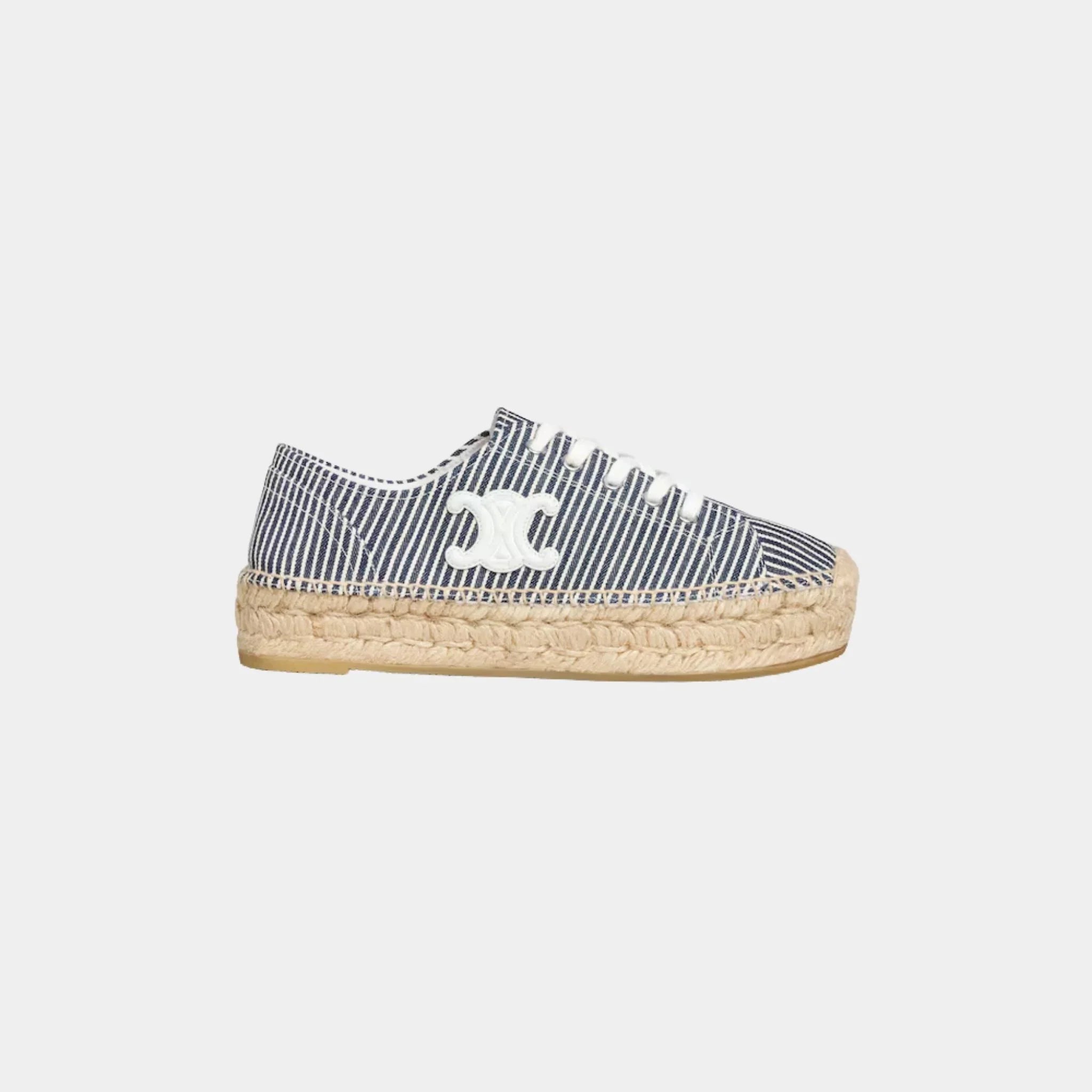 Les Espadrilles Celine Lace-up in Oshkosh Canvas and Calfskin, Off White, Navy, Side