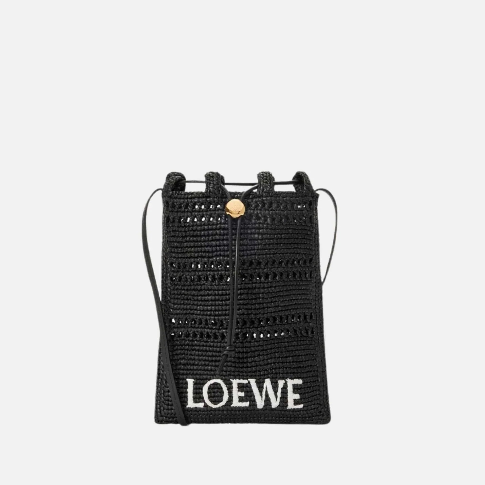 Loewe Drawstring Pocket in Raffia, Black, Front