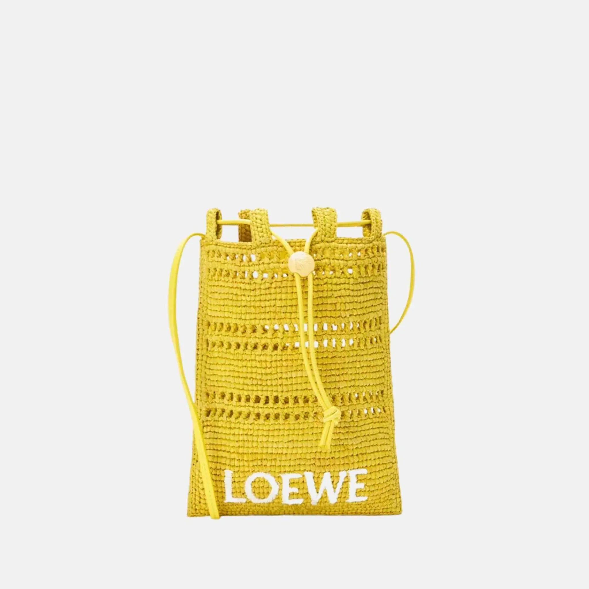 Loewe Drawstring Pocket in Raffia, Yellow, Front
