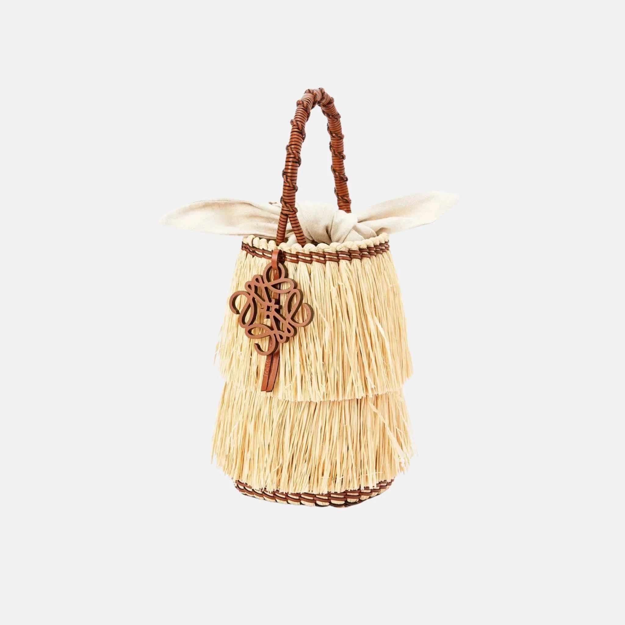 Loewe Frayed Bucket Bag in Raffia and Calfskin, Front