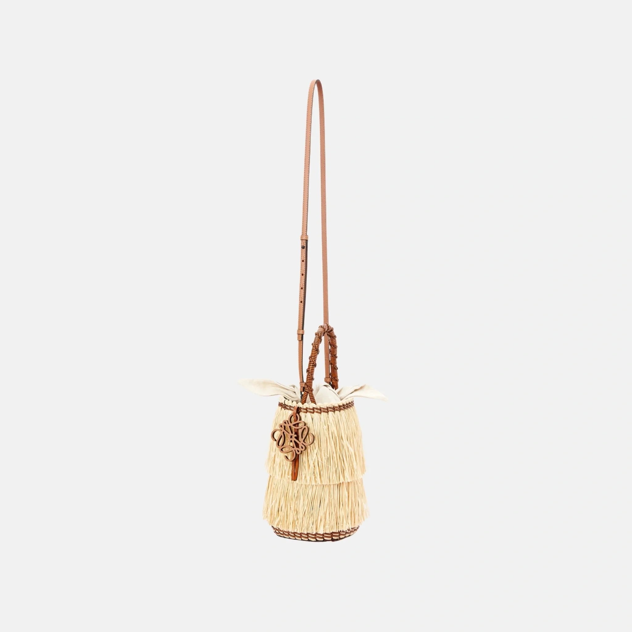 Frayed Bucket Bag in Raffia and Calfskin