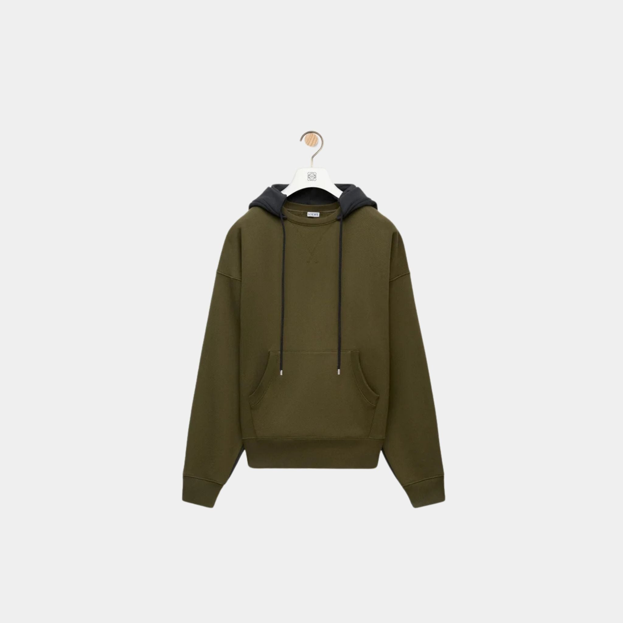 Loewe Hoodie in Cotton with Double Layer Construction, Khaki Green, Anthracite, Front