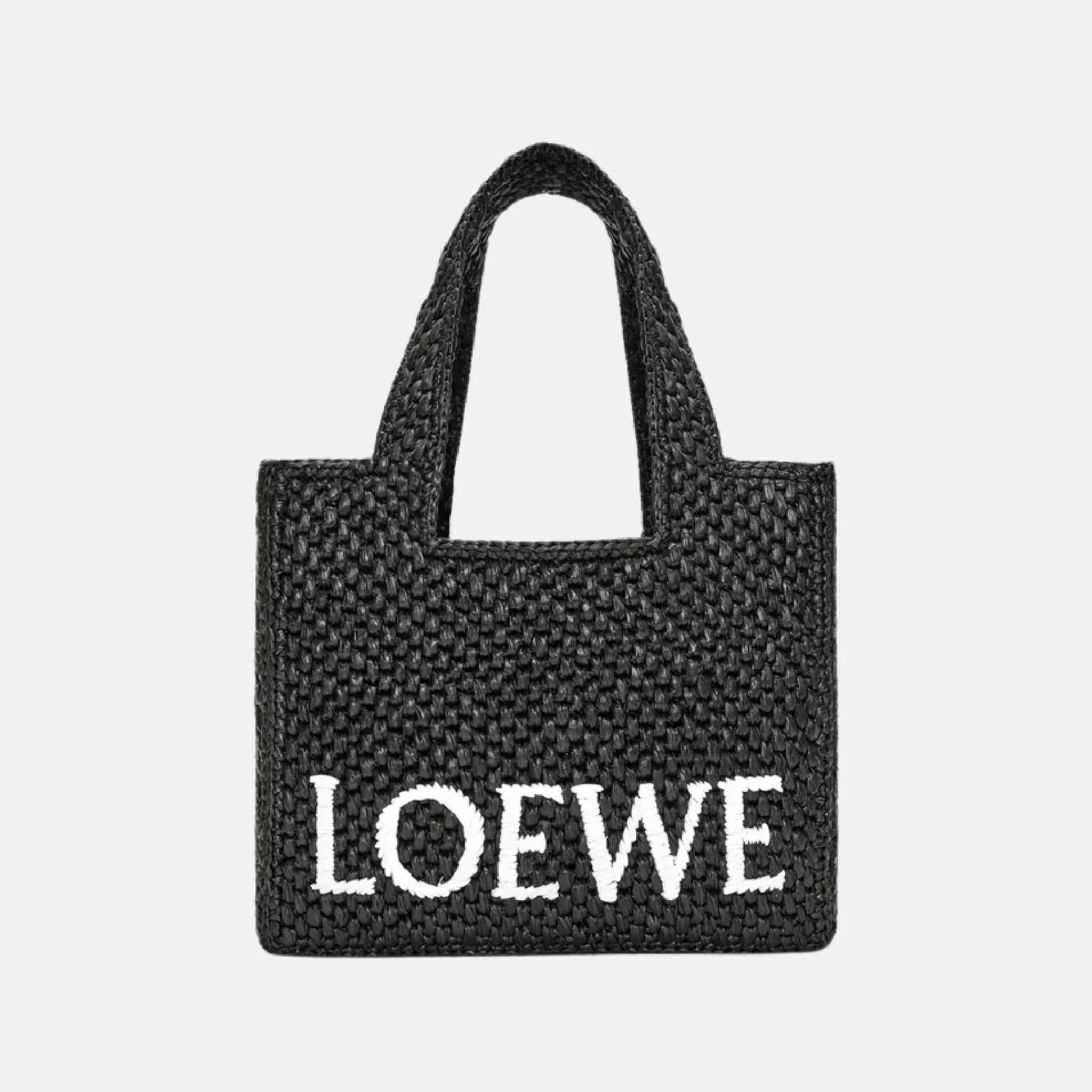 Loewe Medium Font Tote in Raffia, Black, Front
