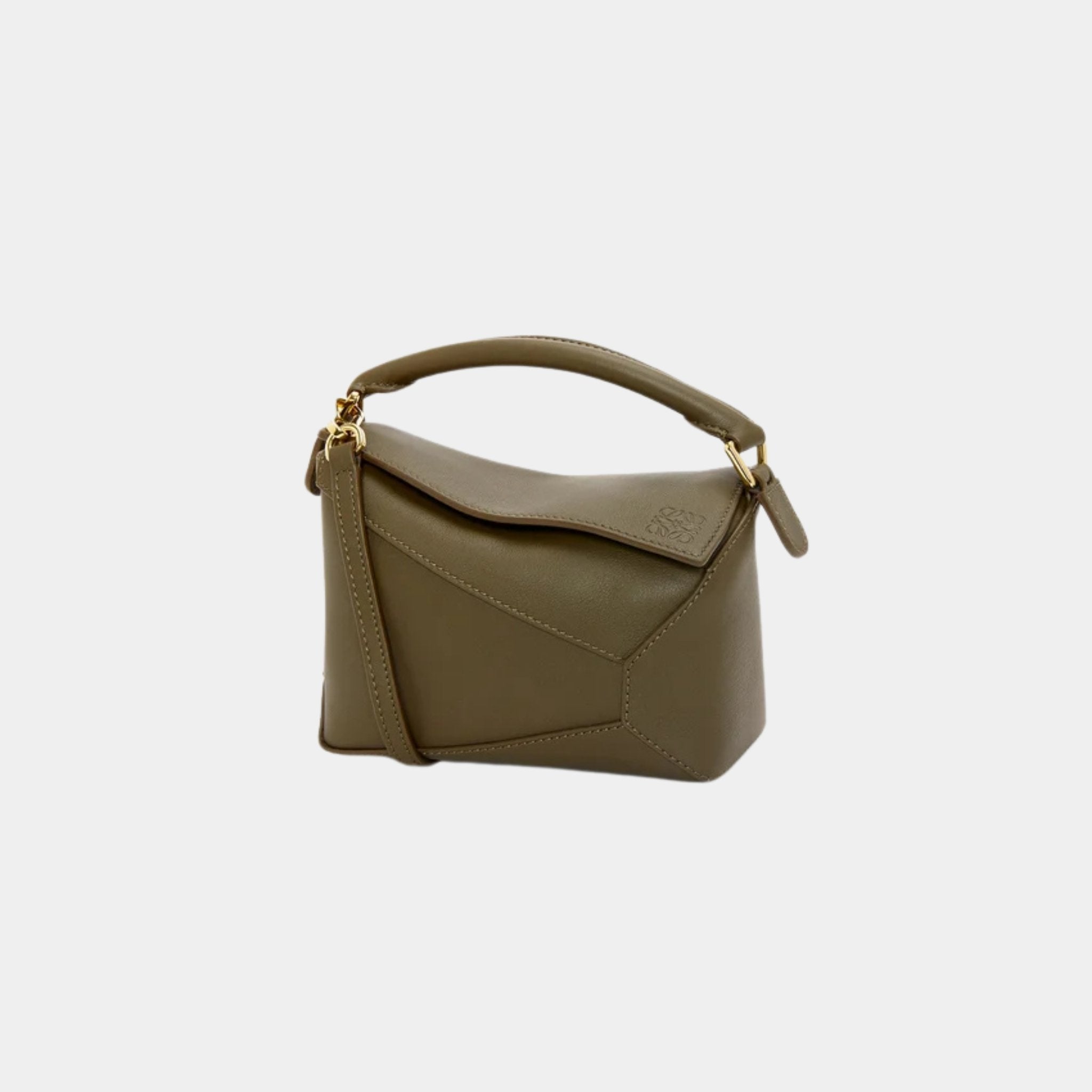 Loewe Mini Puzzle Edge Bag Classic Calf Leather, Dark Khaki, Front