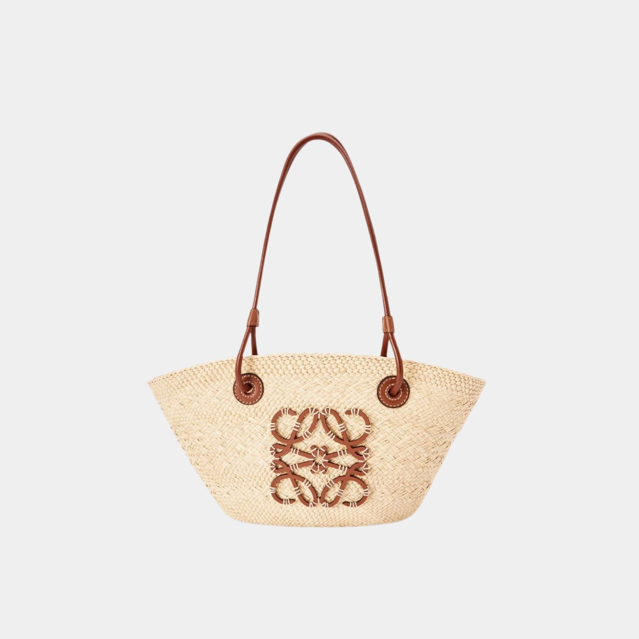 Loewe Small Anagram Basket Bag In Iraca Palm And Calfskin, Natural, Tan, Front