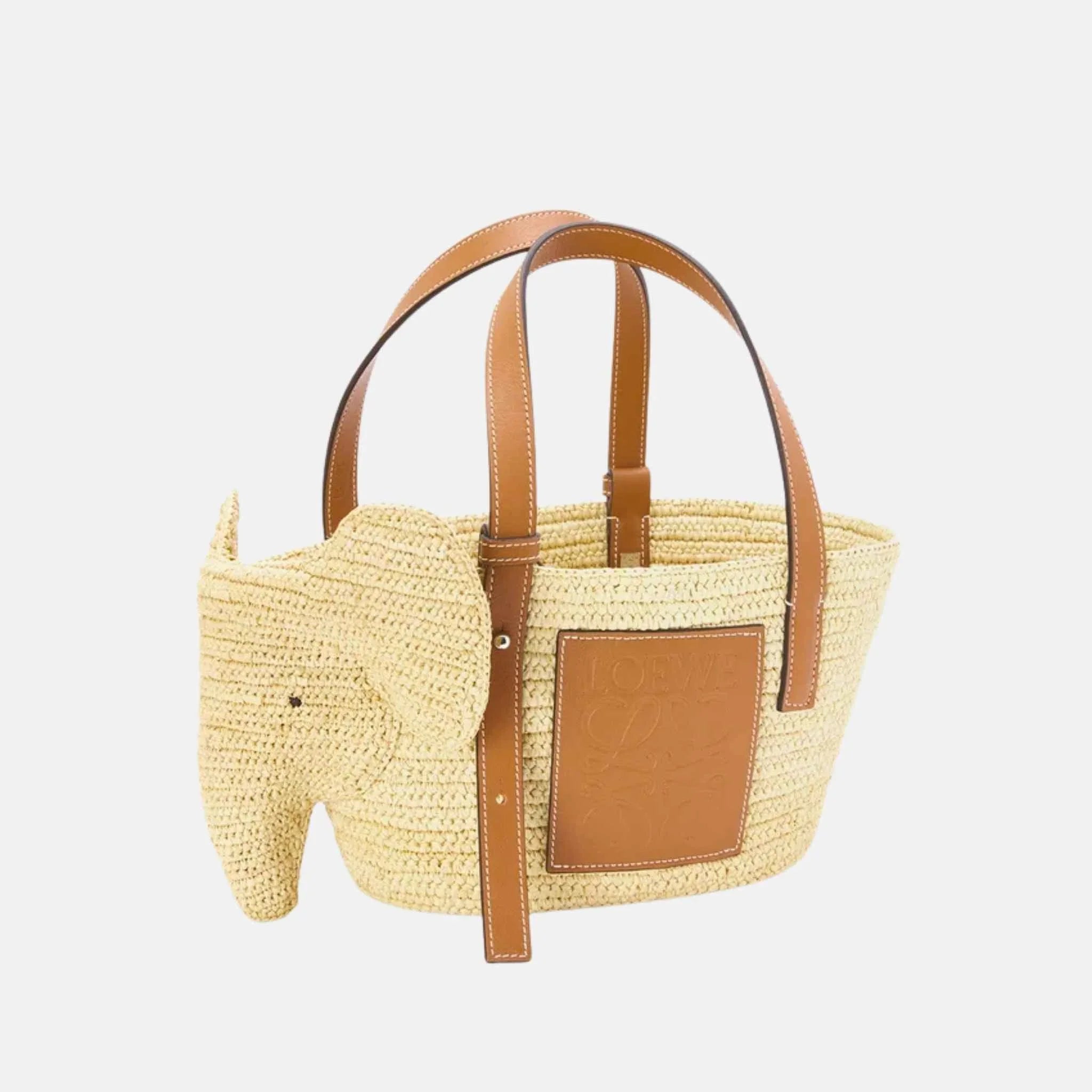 Small Elephant Basket in Raffia and Calfskin