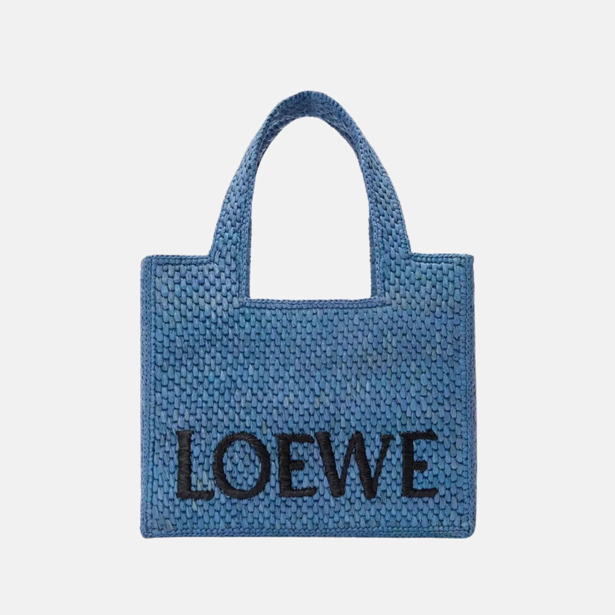 Loewe Small Font Tote in Handwoven Raffia, Light Blue, Front
