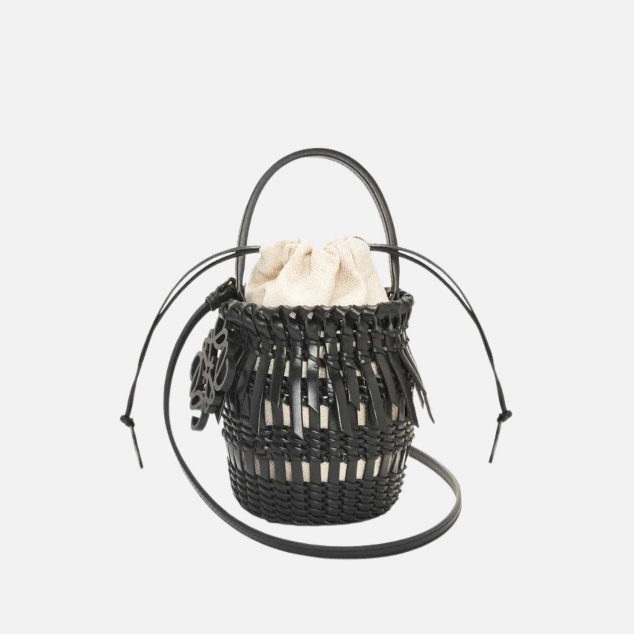 Loewe Small Fringe Bucket Bag in Calfskin, Black, Front