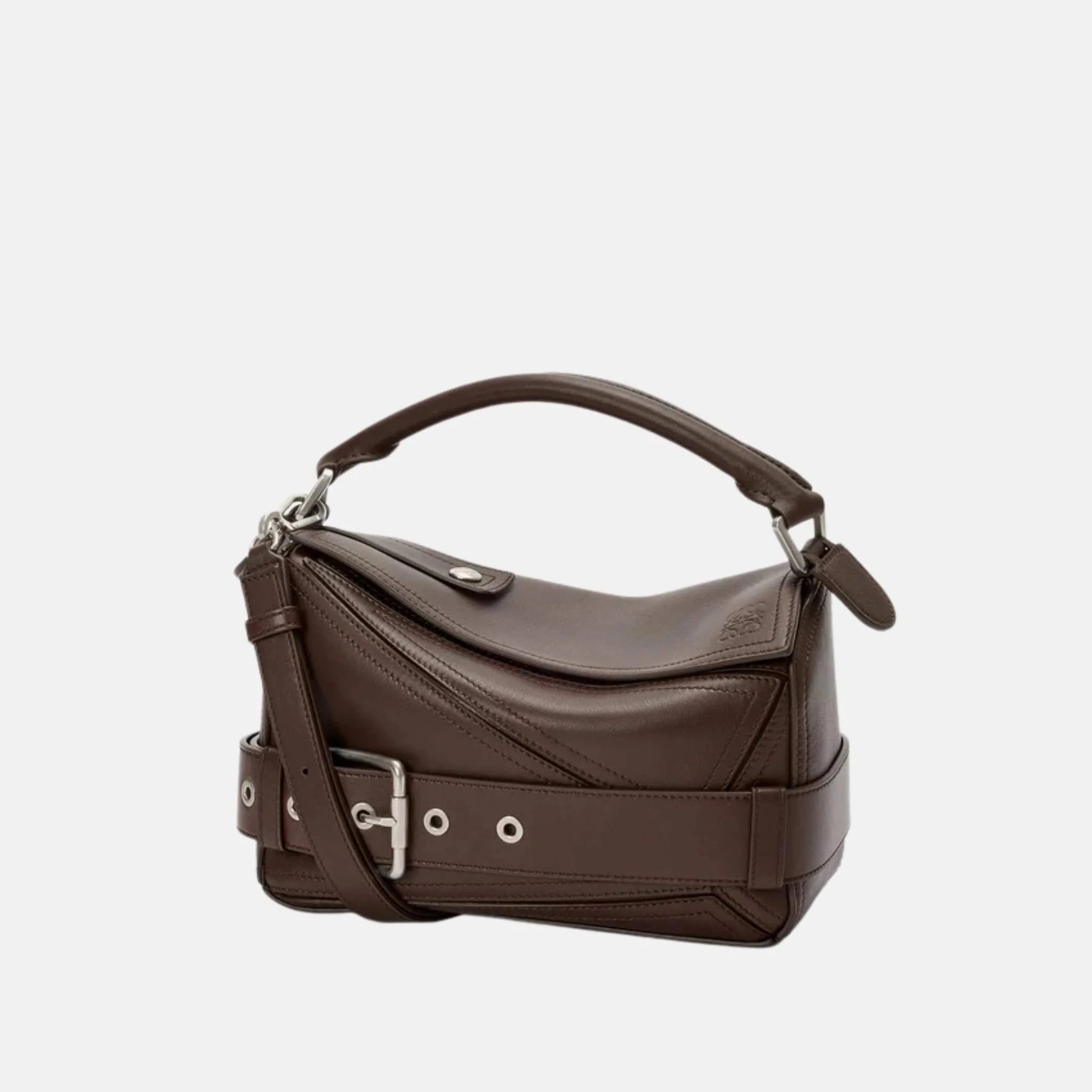 Loewe Small Puzzle Biker Bag in Shiny Calfskin, Dark Brownie, Front