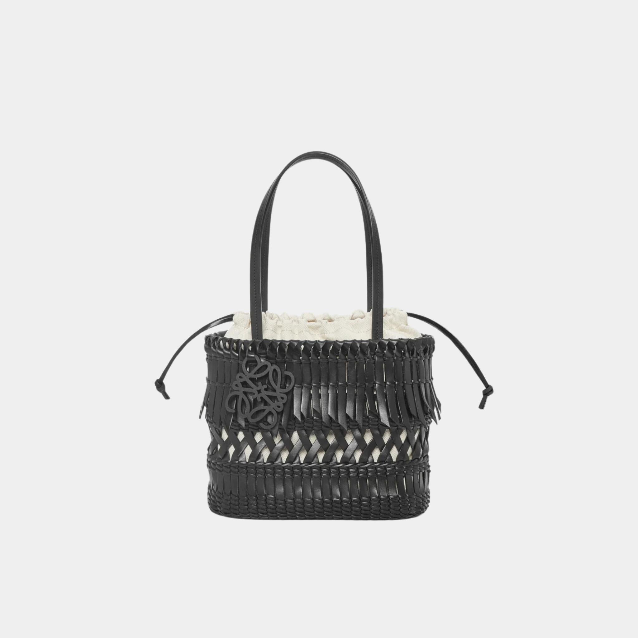 Loewe Square Basket with Calfskin Fringes, Black, Front