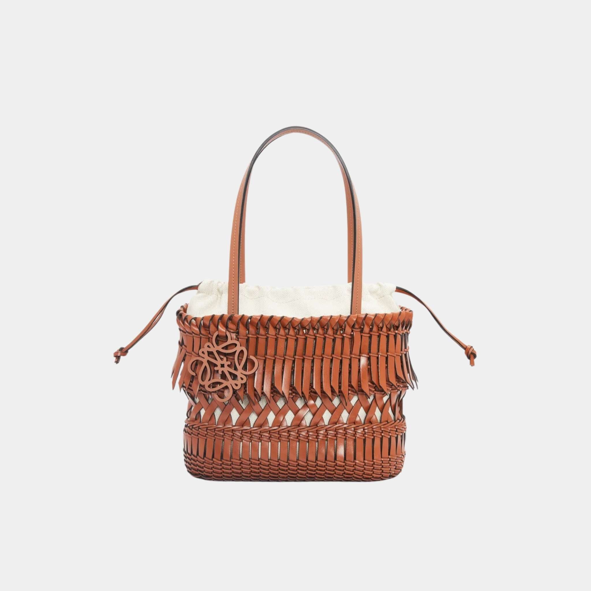 Loewe Square Basket with Calfskin Fringes, Tan, Front