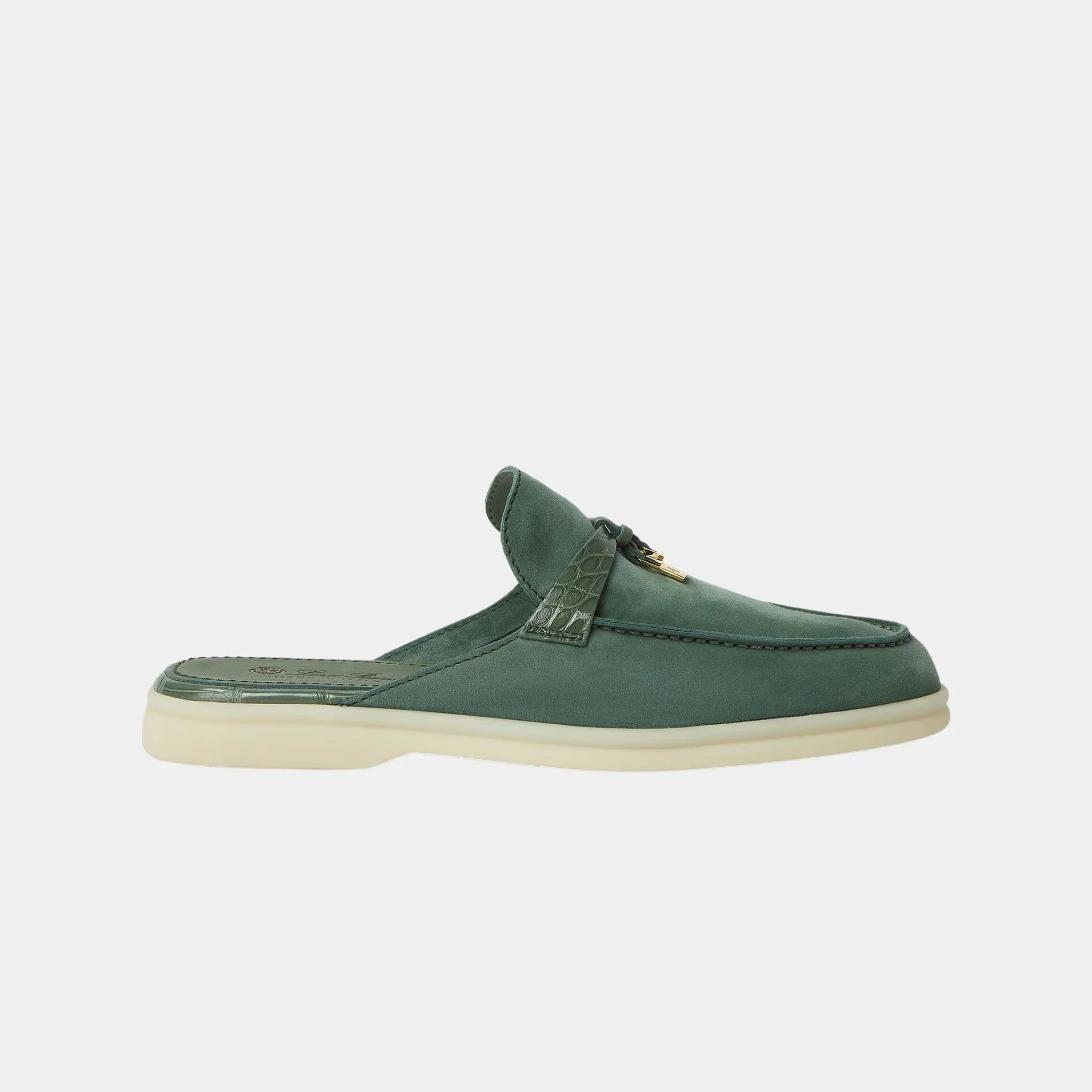Loro Piana Charms Walk Babouche Loafer Suede With Alligator Saddles, Green Lagoon, Side