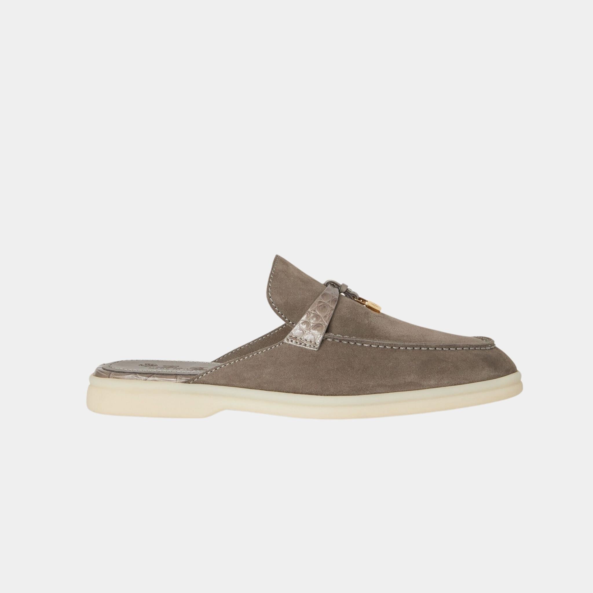 Loro Piana Charms Walk Babouche Loafer Suede With Alligator Saddles, Puddle Grey, Side