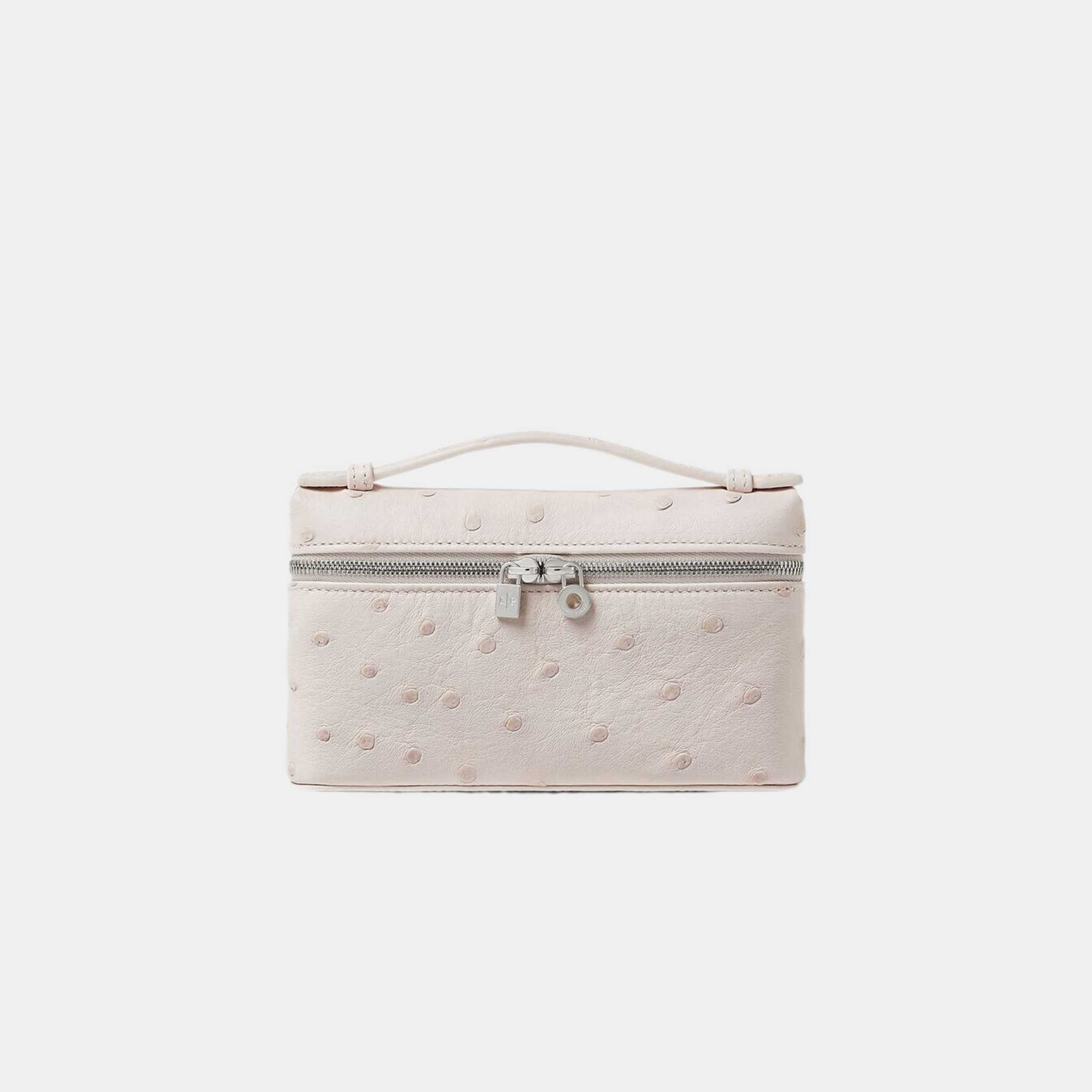 Loro Piana Extra Pocket Mini Pouch Ostrich Leather, Whisper Pink, Antique Silver, Front
