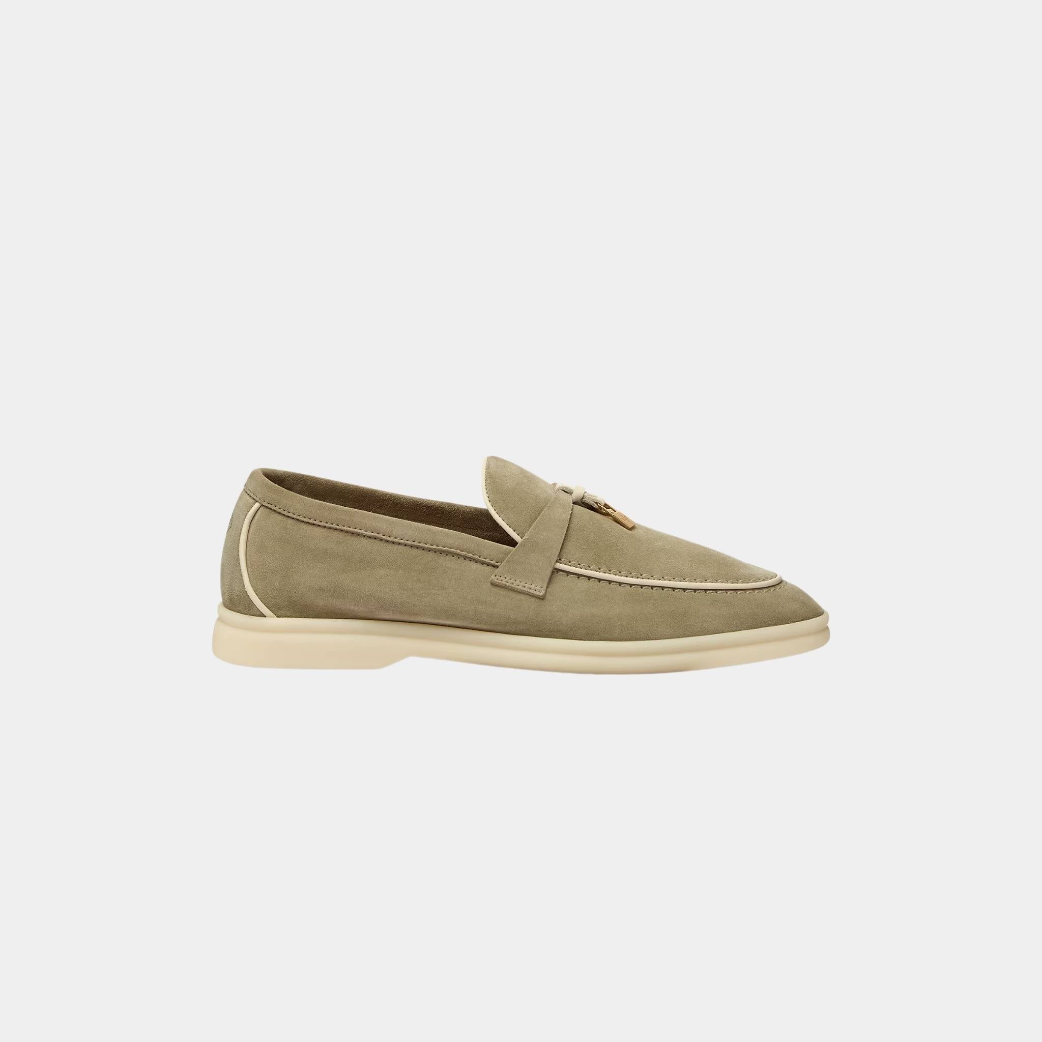 Loro Piana Summer Charms Walk Loafers In Suede Goatskin, Dried Taragon, Side