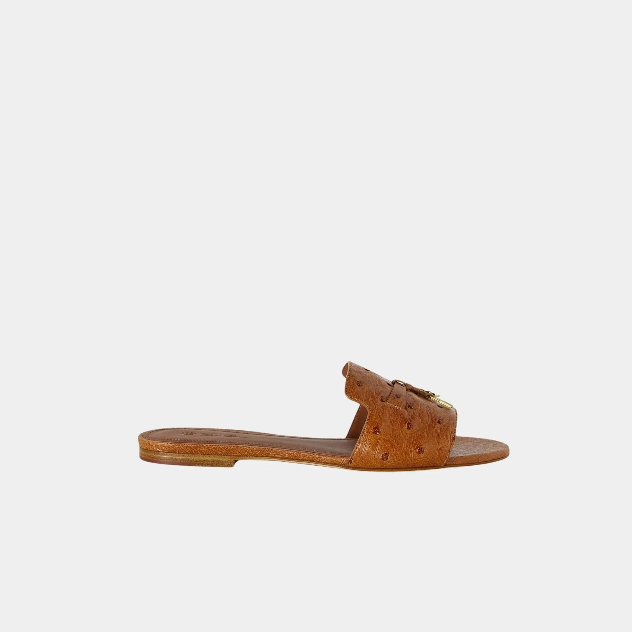 Loro Piana Summer Charms Ostrich Leather Flat Sandal, Sand Haze, Side
