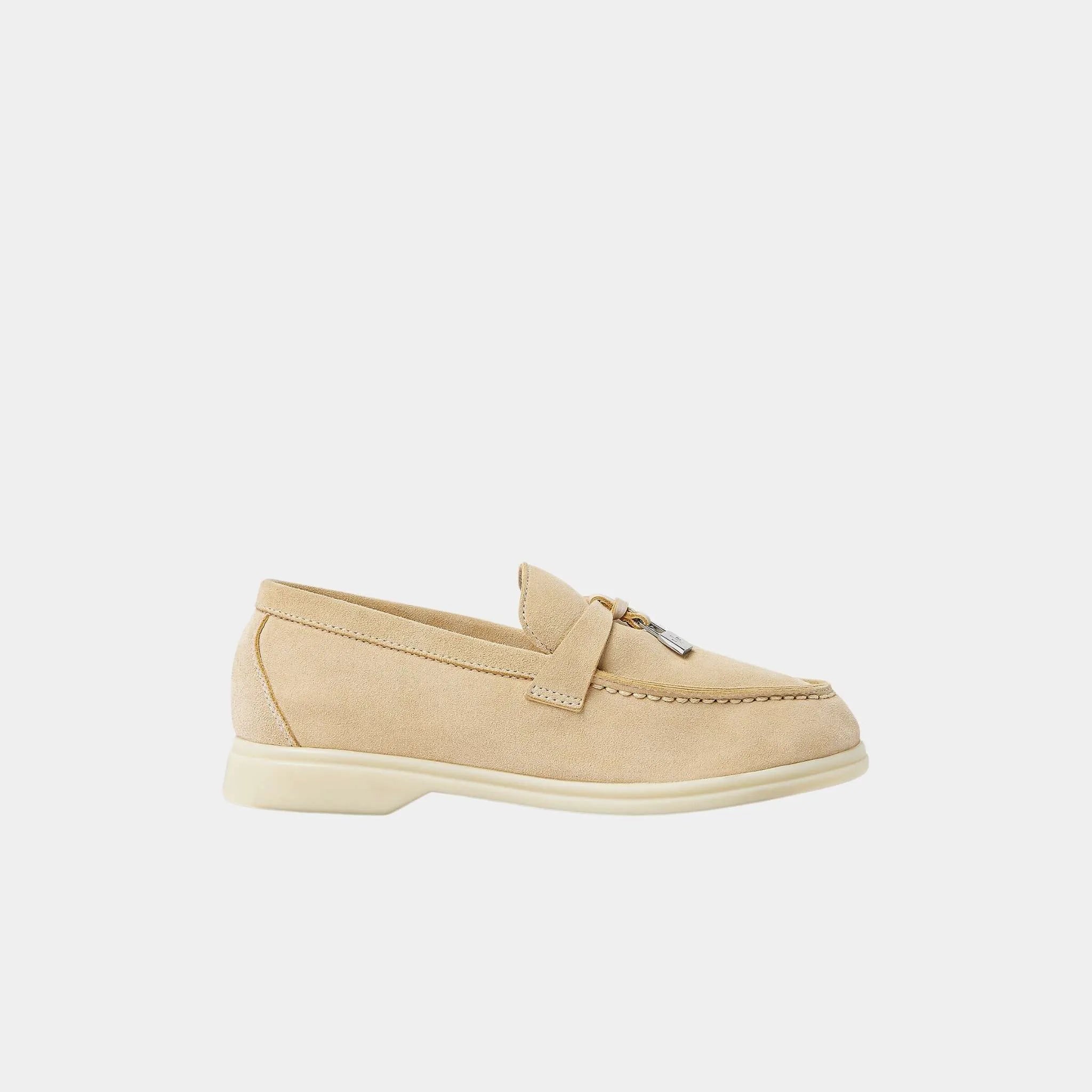 Loro Piana Kids Summer Charms Walk Loafers Suede, Butter, Side