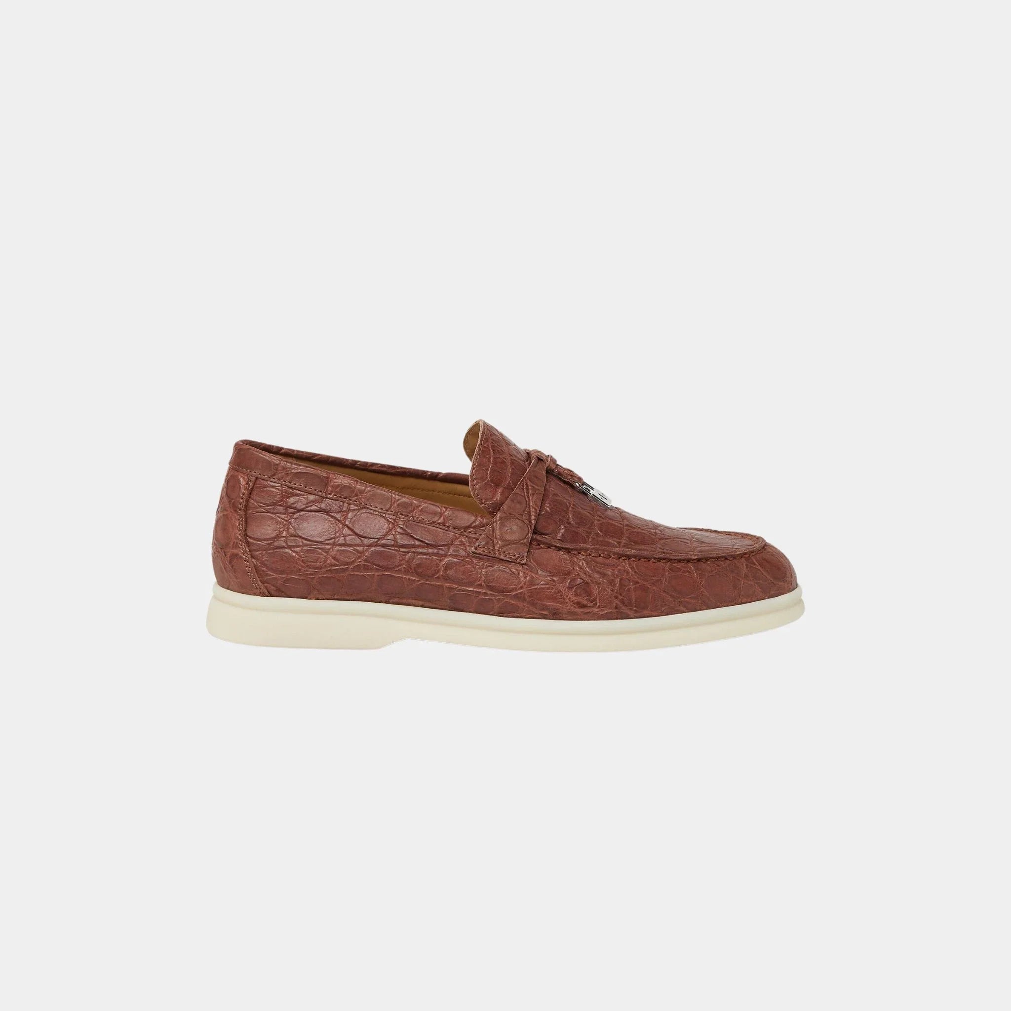 Loro Piana Summer Charms Walk Loafer in Caiman Leather, Paprika Brown, Side