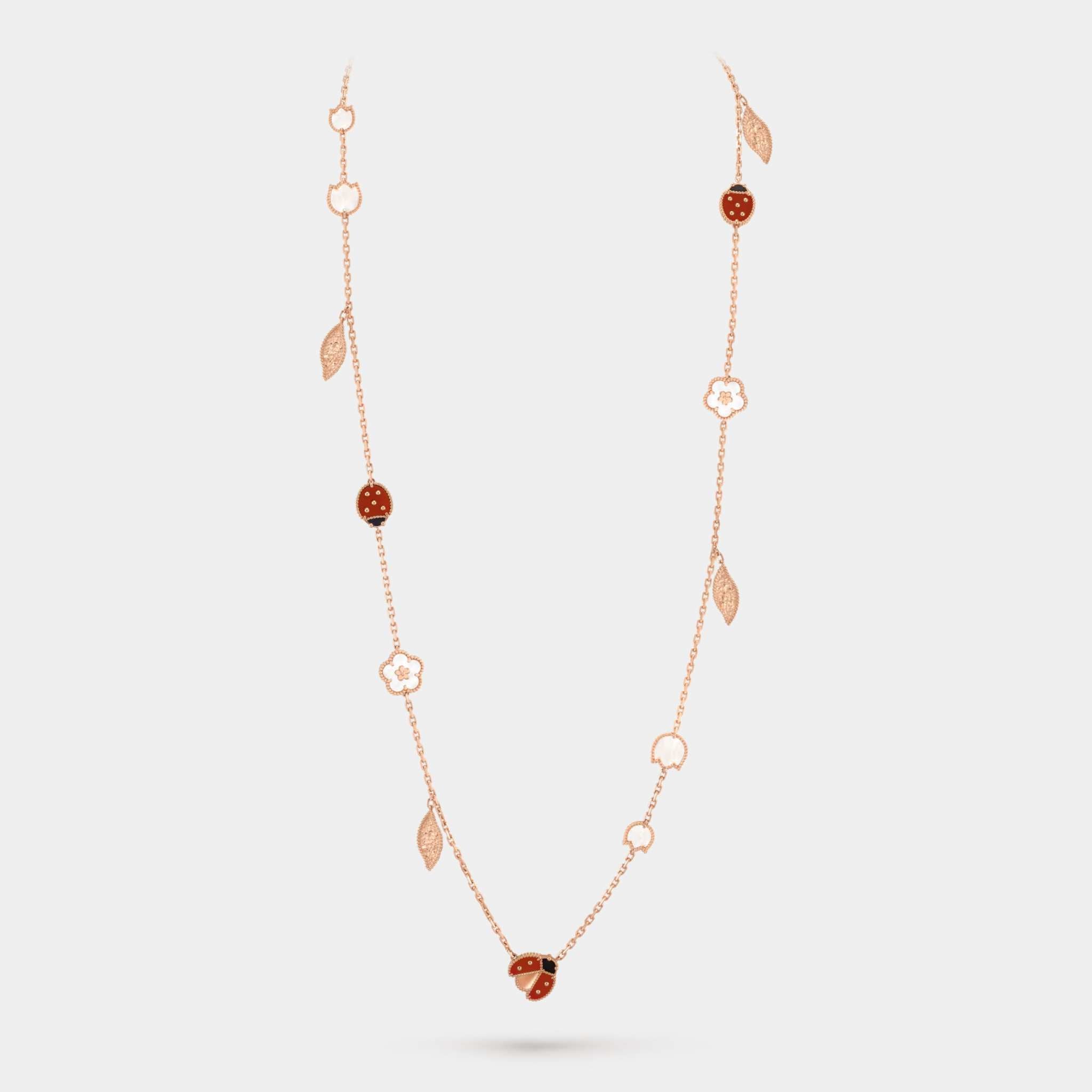Lucky Spring Long Necklace 15 motifs Rose Gold Carnelian Pearl Onyx