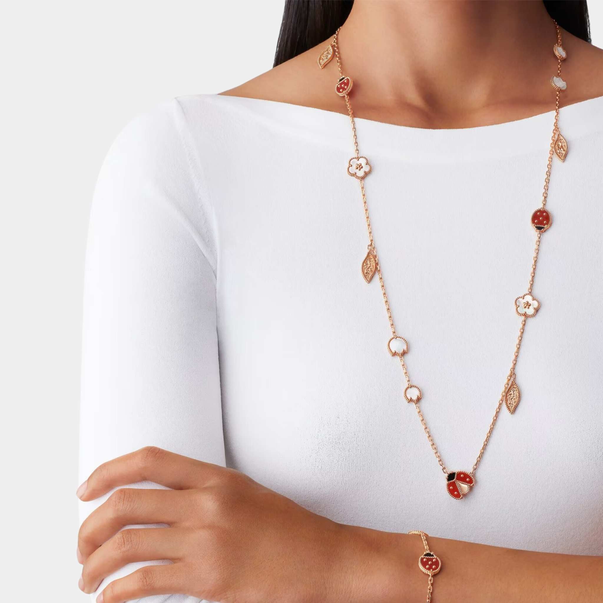 Lucky Spring Long Necklace 15 motifs Rose Gold Carnelian Pearl Onyx