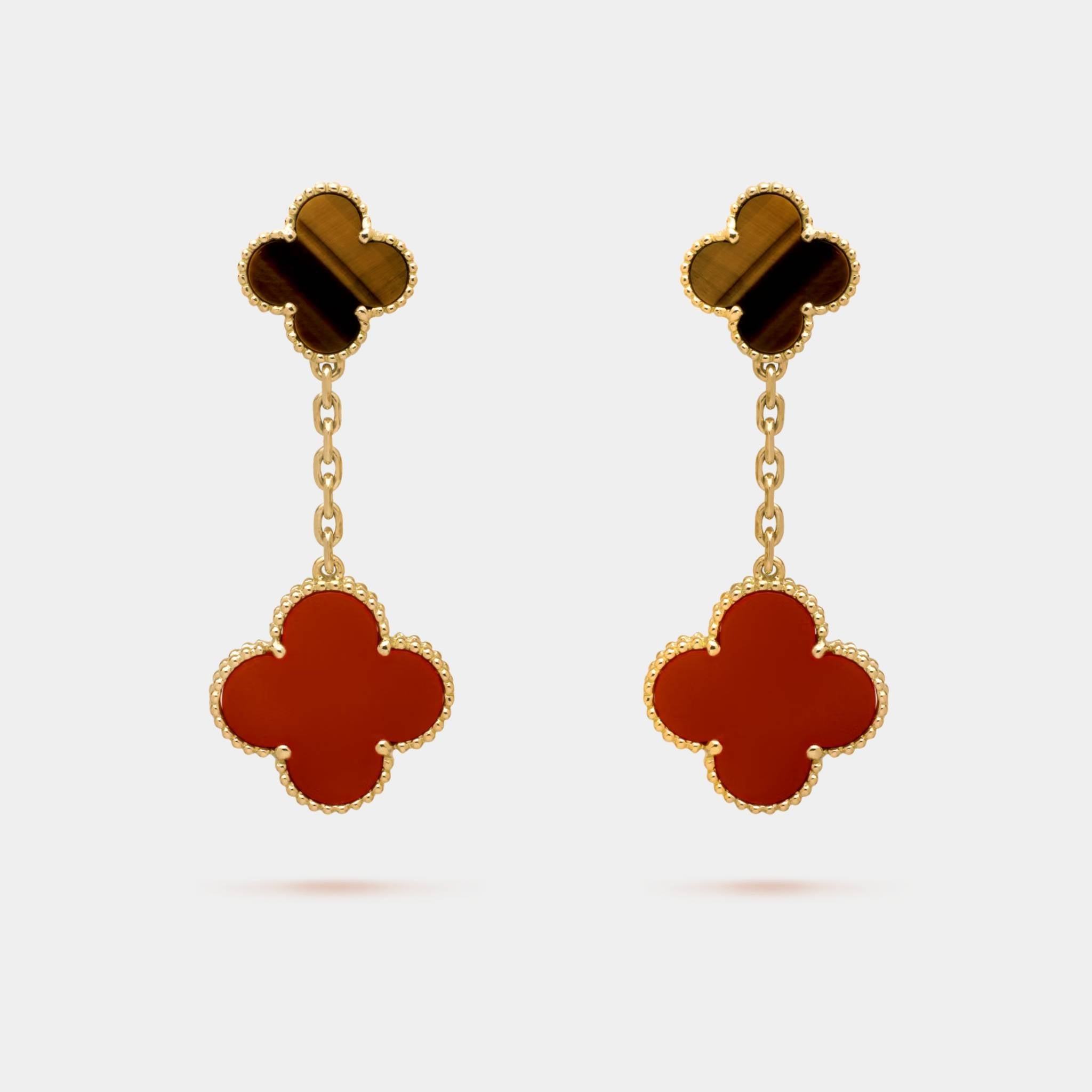 Magic Alhambra earrings 2 Motifs Yellow Gold Carnelian Tiger Eye