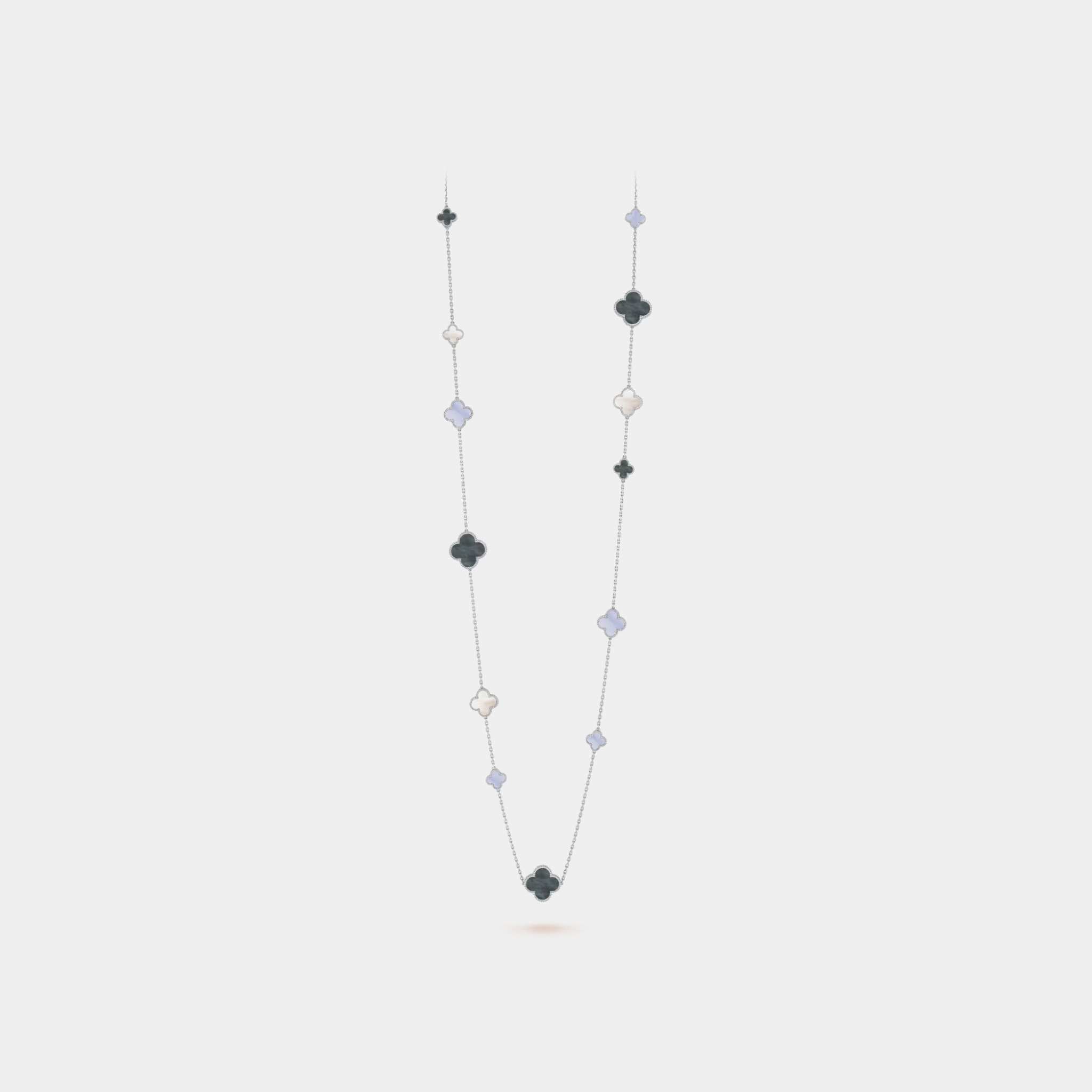 Magic Alhambra Long Necklace 16 Motifs White Gold Chalcedony Pearl