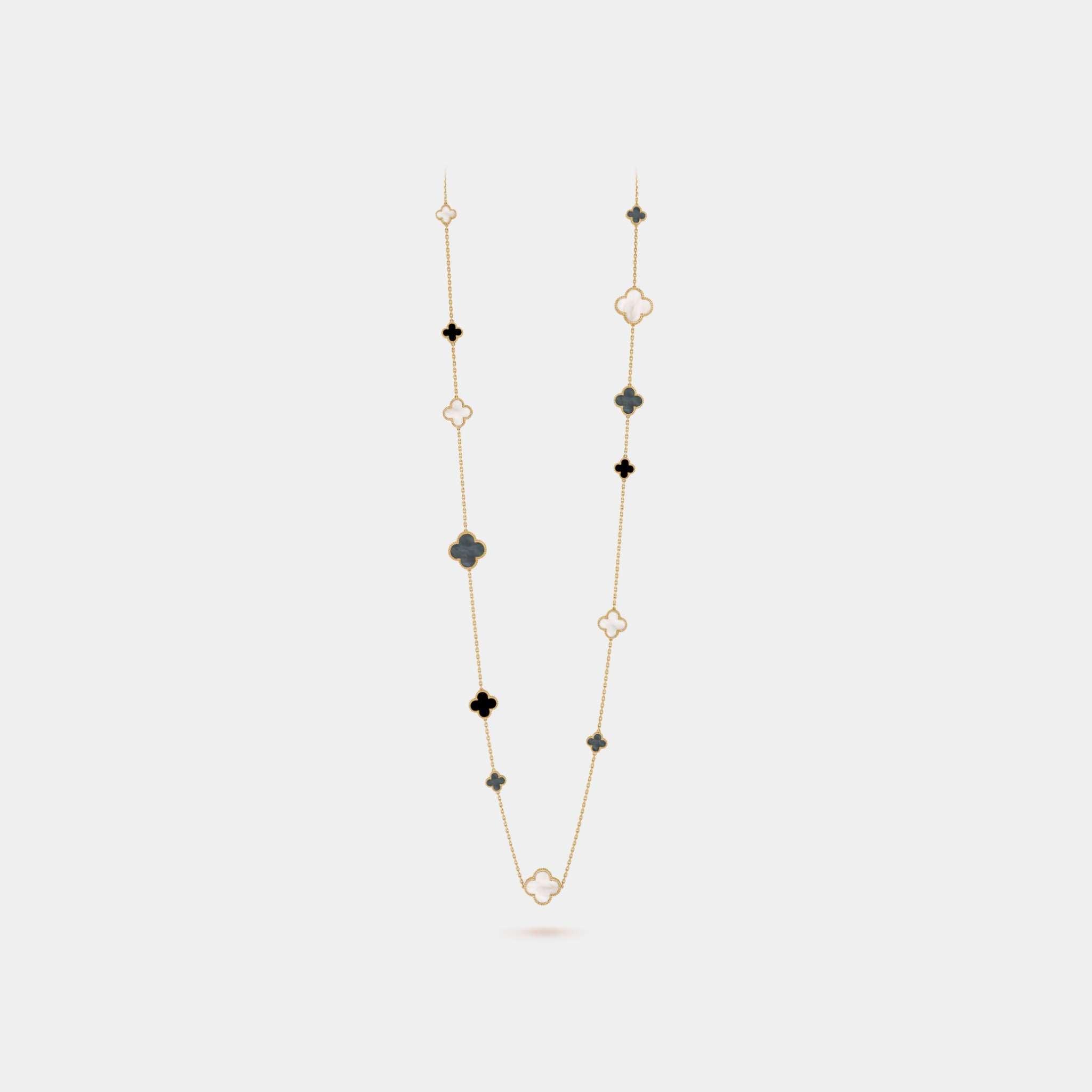 Magic Alhambra Long Necklace 16 Motifs Yellow Gold With Pearl Onyx