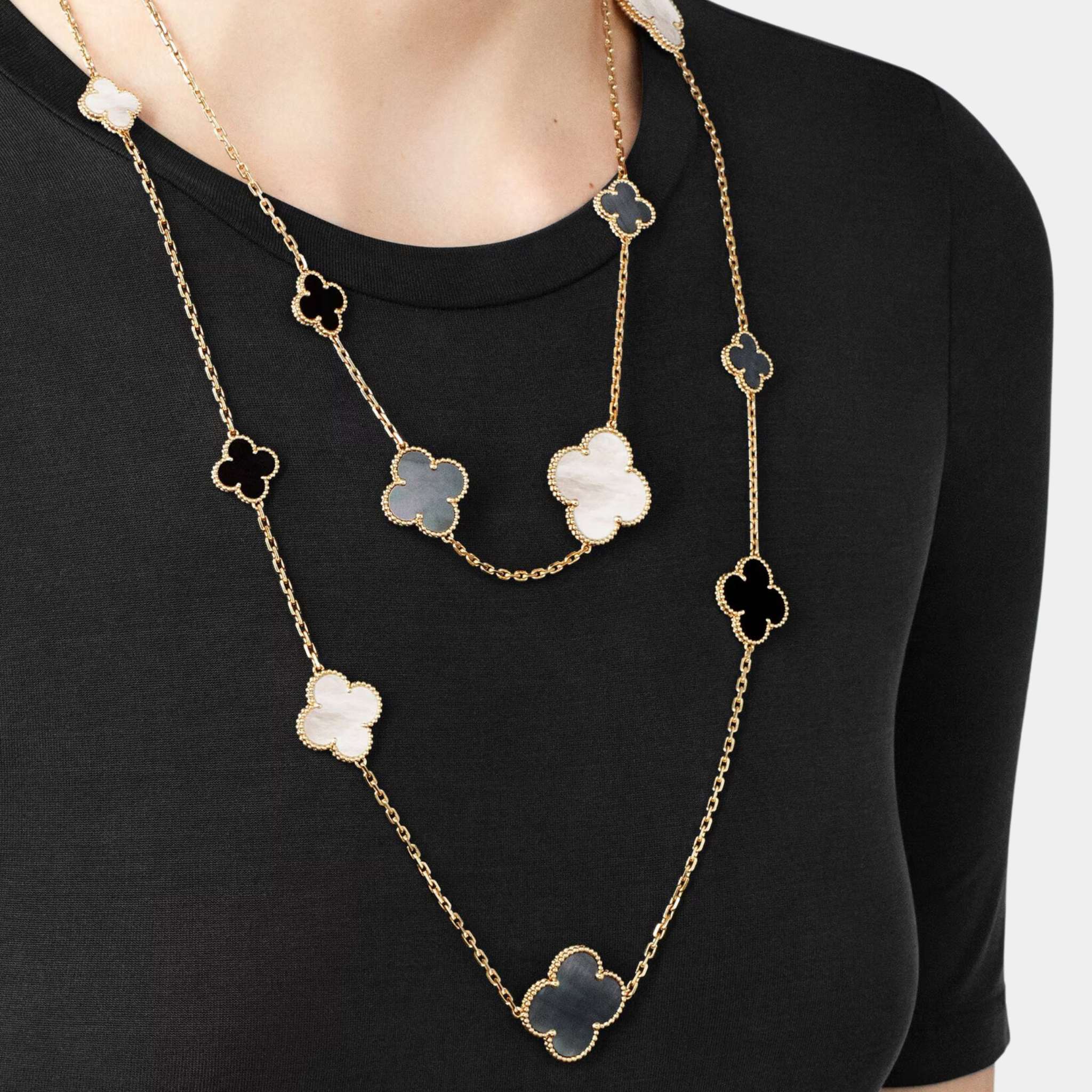 Magic Alhambra Long Necklace 16 Motifs Yellow Gold With Pearl Onyx