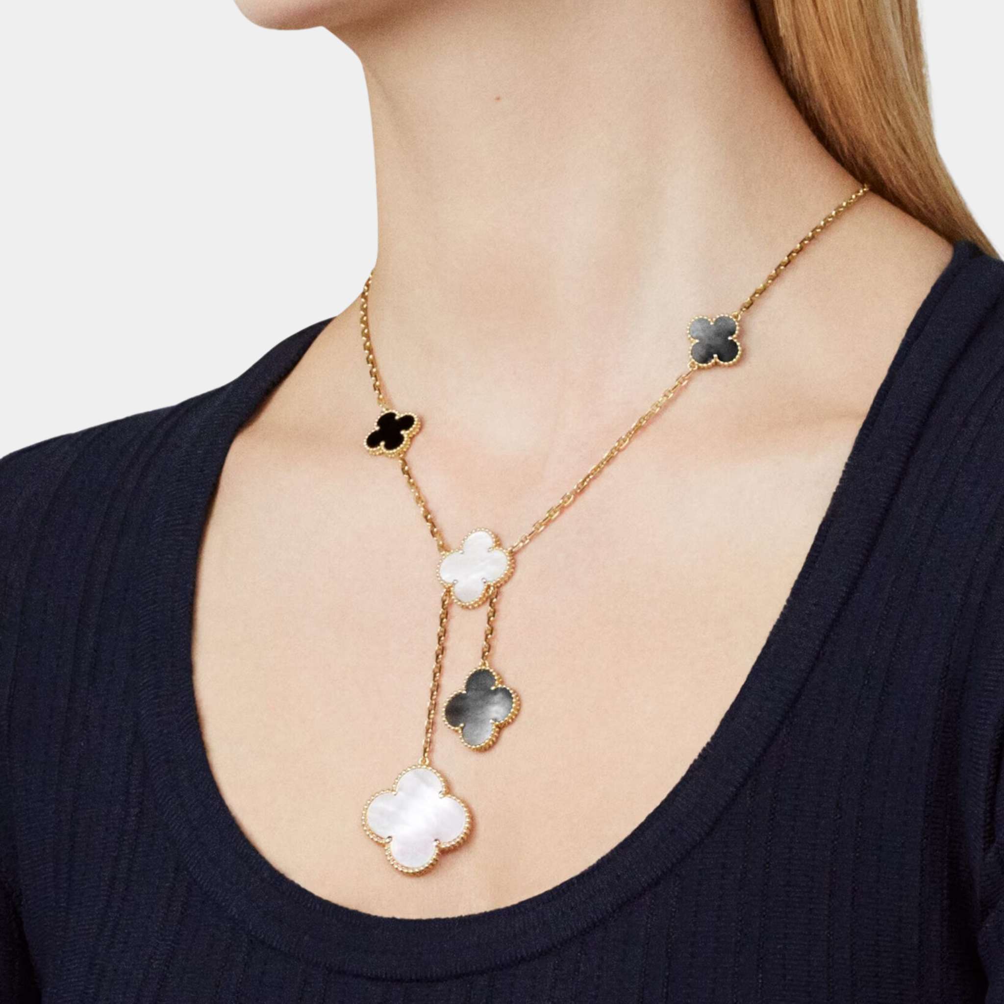 Magic Alhambra Necklace 6 Motifs Yellow Gold Mother Of Pearl Onyx