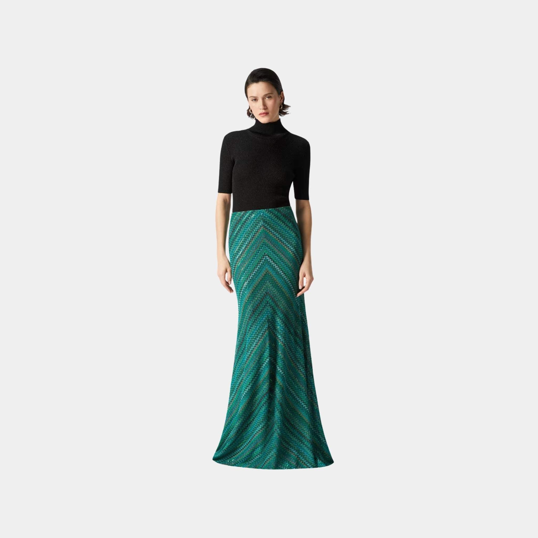 Long Flared Zigzag Skirt With Sequins