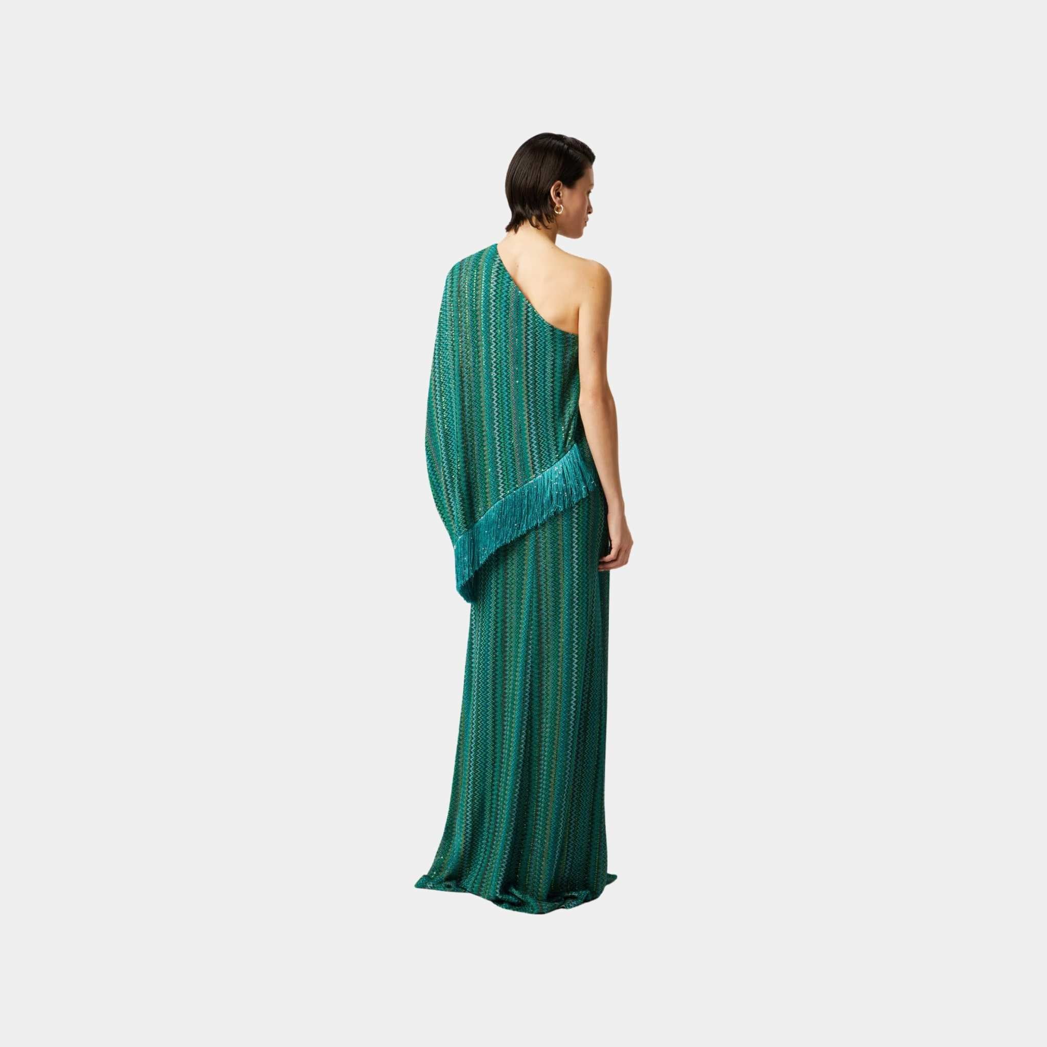 Long One Shoulder Zigzag Dress With Sequins And Fringes