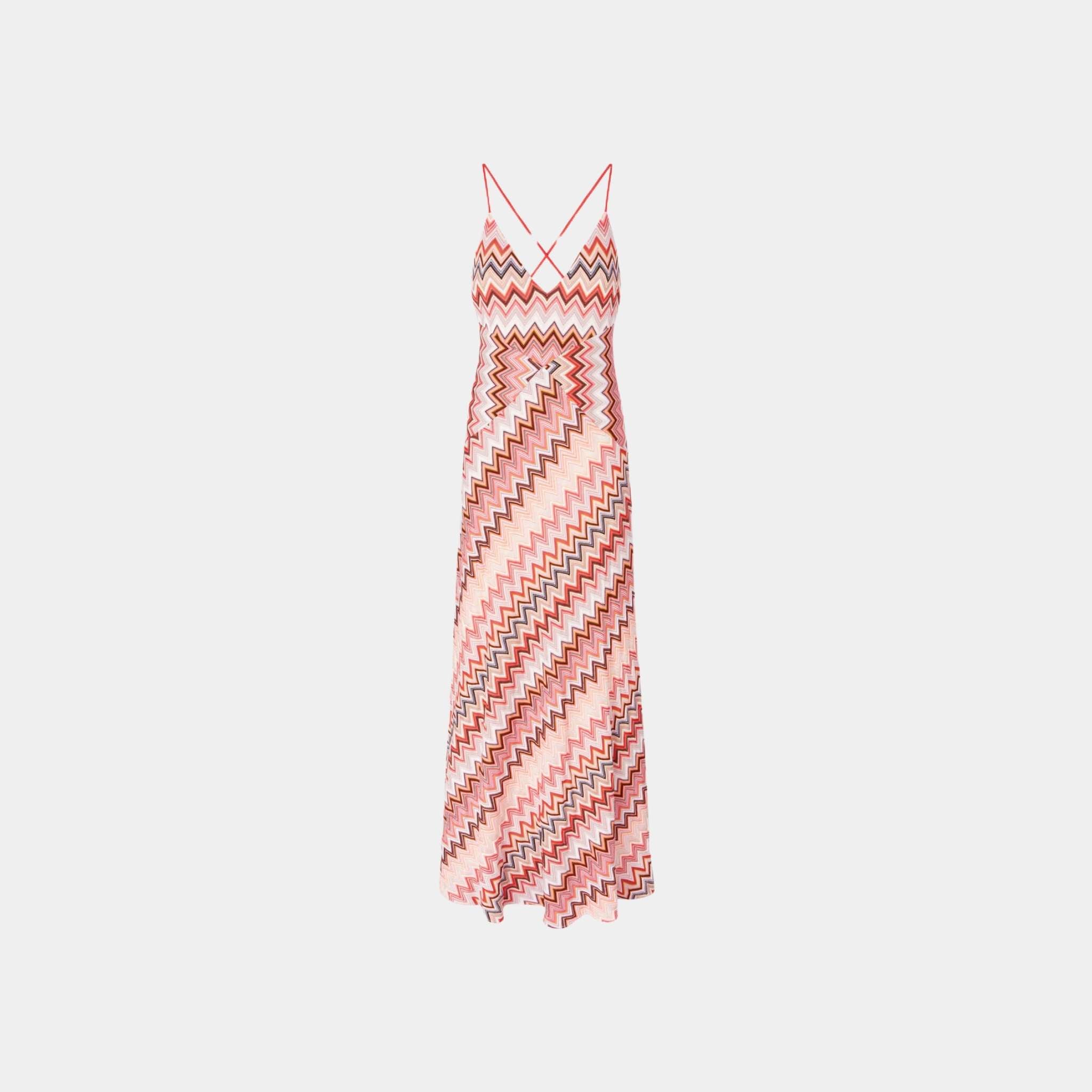 Long Patchwork Dress With Zigzag Pattern And Crossed Straps
