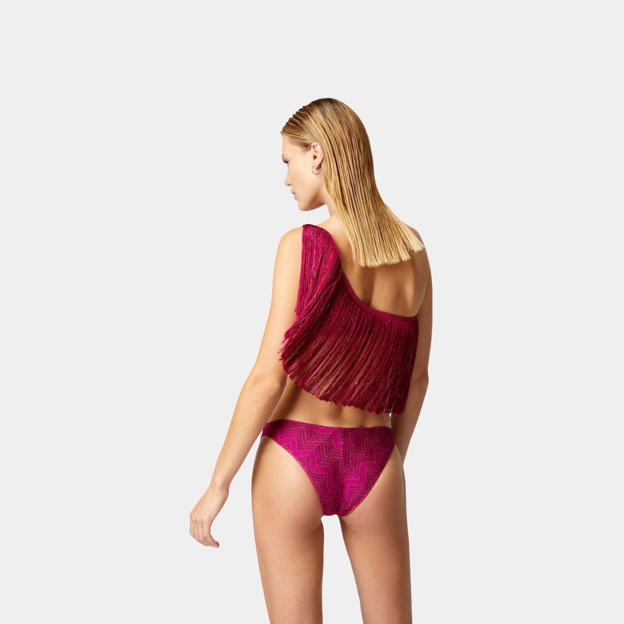 One Shoulder Zigzag Lame Viscose Bikini With Fringes