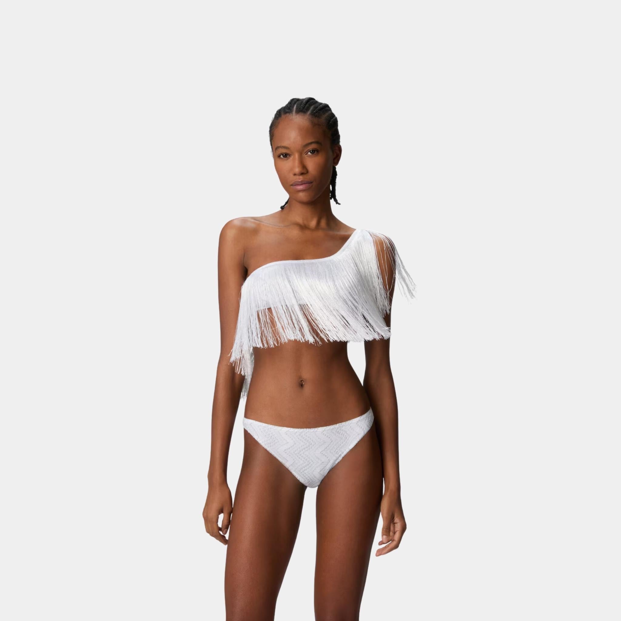 One Shoulder Zigzag Lame Viscose Bikini With Fringes
