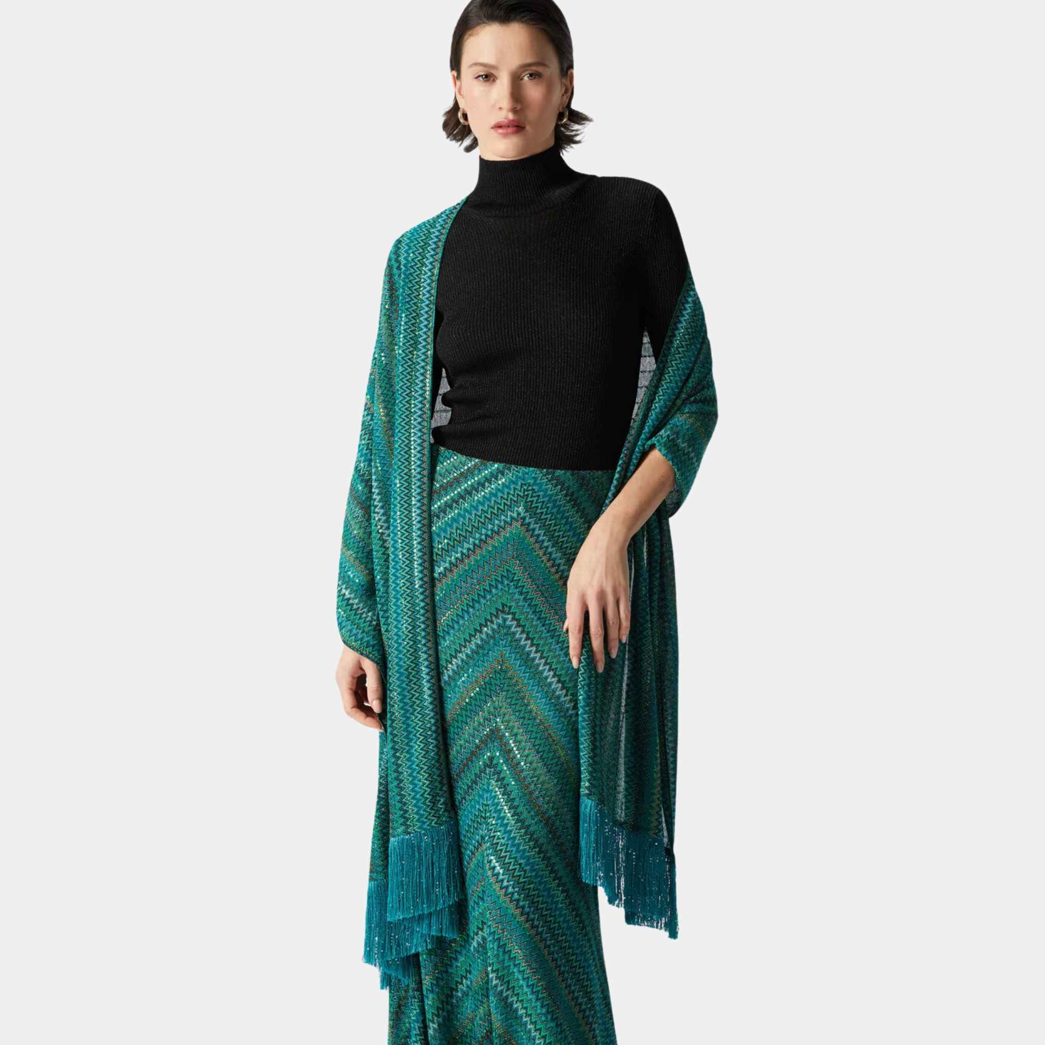 Viscose Stole In Zigzag Lame With Sequins And Fringes